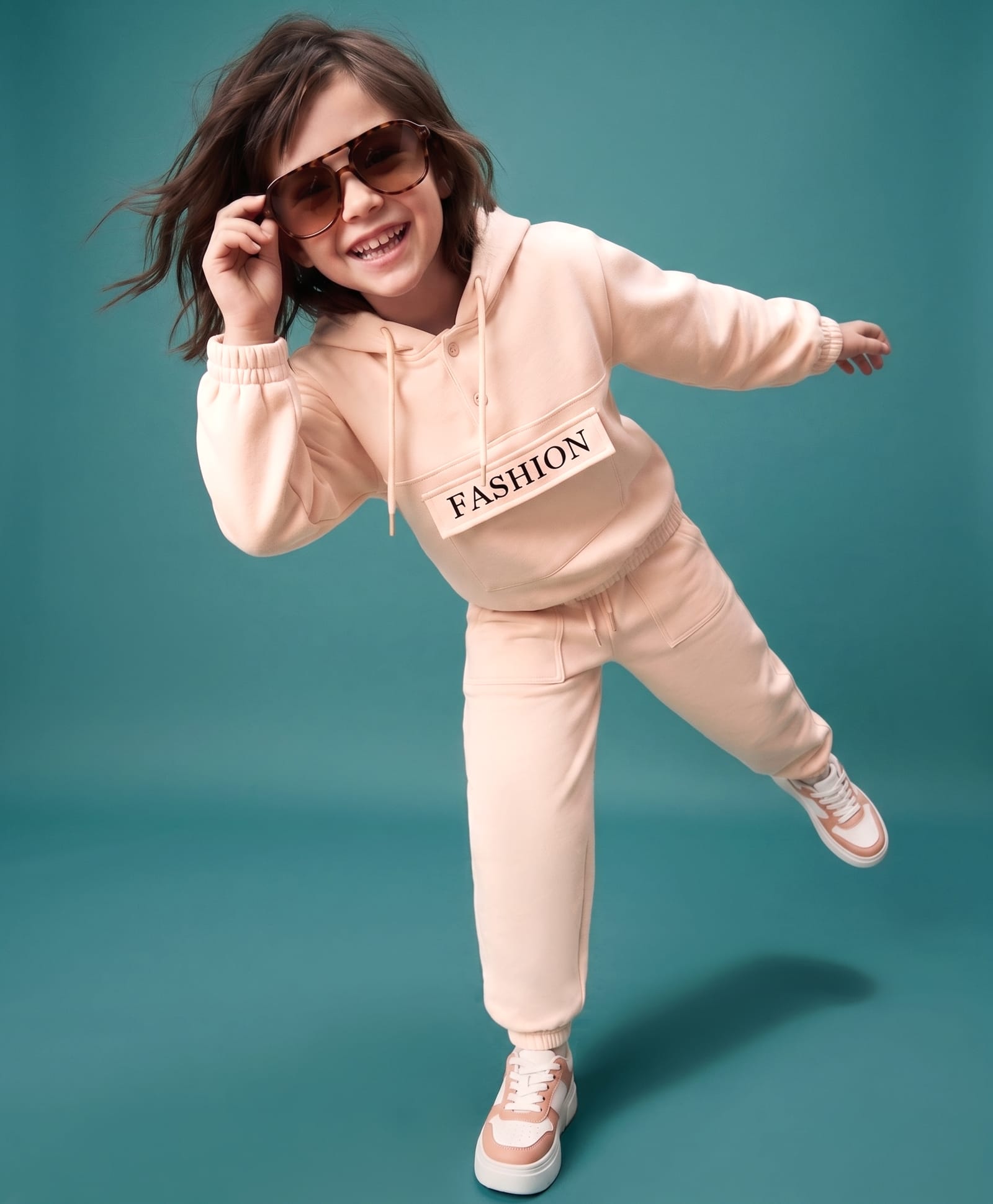 OLLINGTON ST.Scuba Knit Full Sleeves Text Printed Winter Wear Set Of Hooded Sweatshirt & Joggers - Peach-image-8