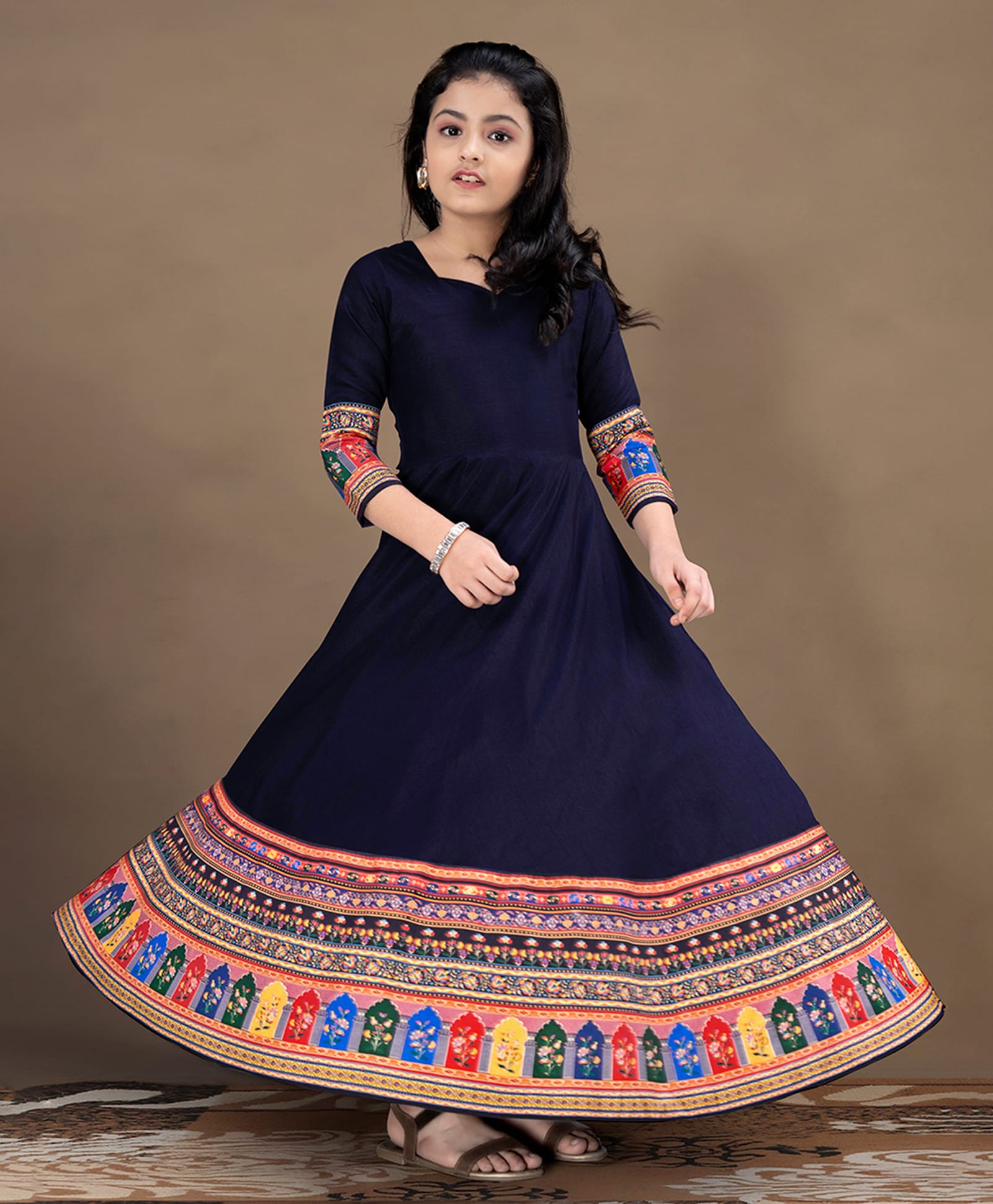 Fashion Dream Cotton Blend Woven Three Fourth Sleeves Floral Printed Dress - Navy Blue-picture-19