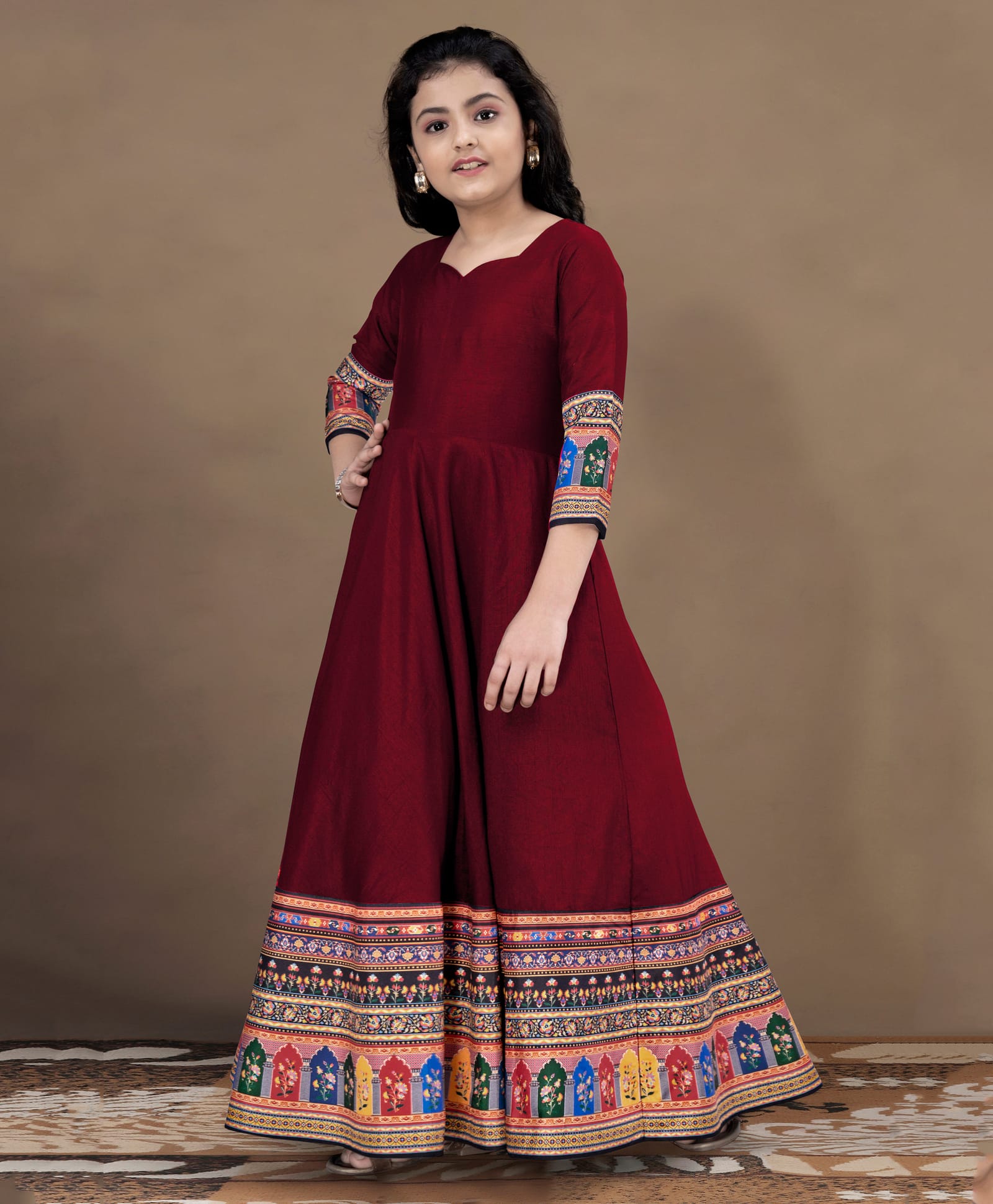 Fashion Dream Cotton Blend Woven Three Fourth Sleeves Floral Printed Dress - Maroon-picture-13