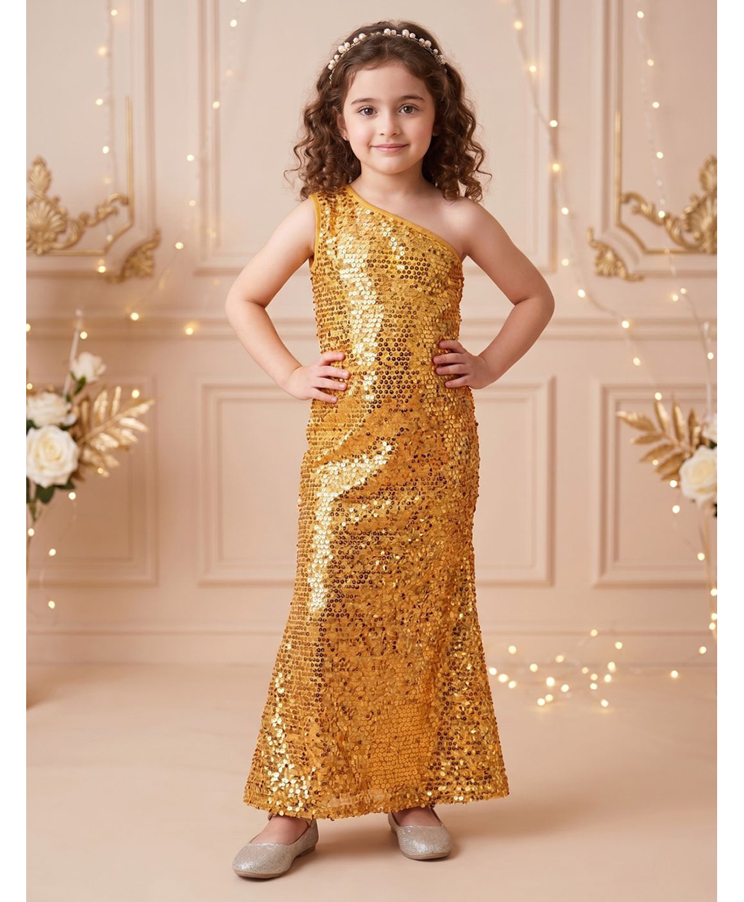 AJ Dezines Woven One Shoulder Sleeveless Sequins Embellished Dress - Golden-image-37