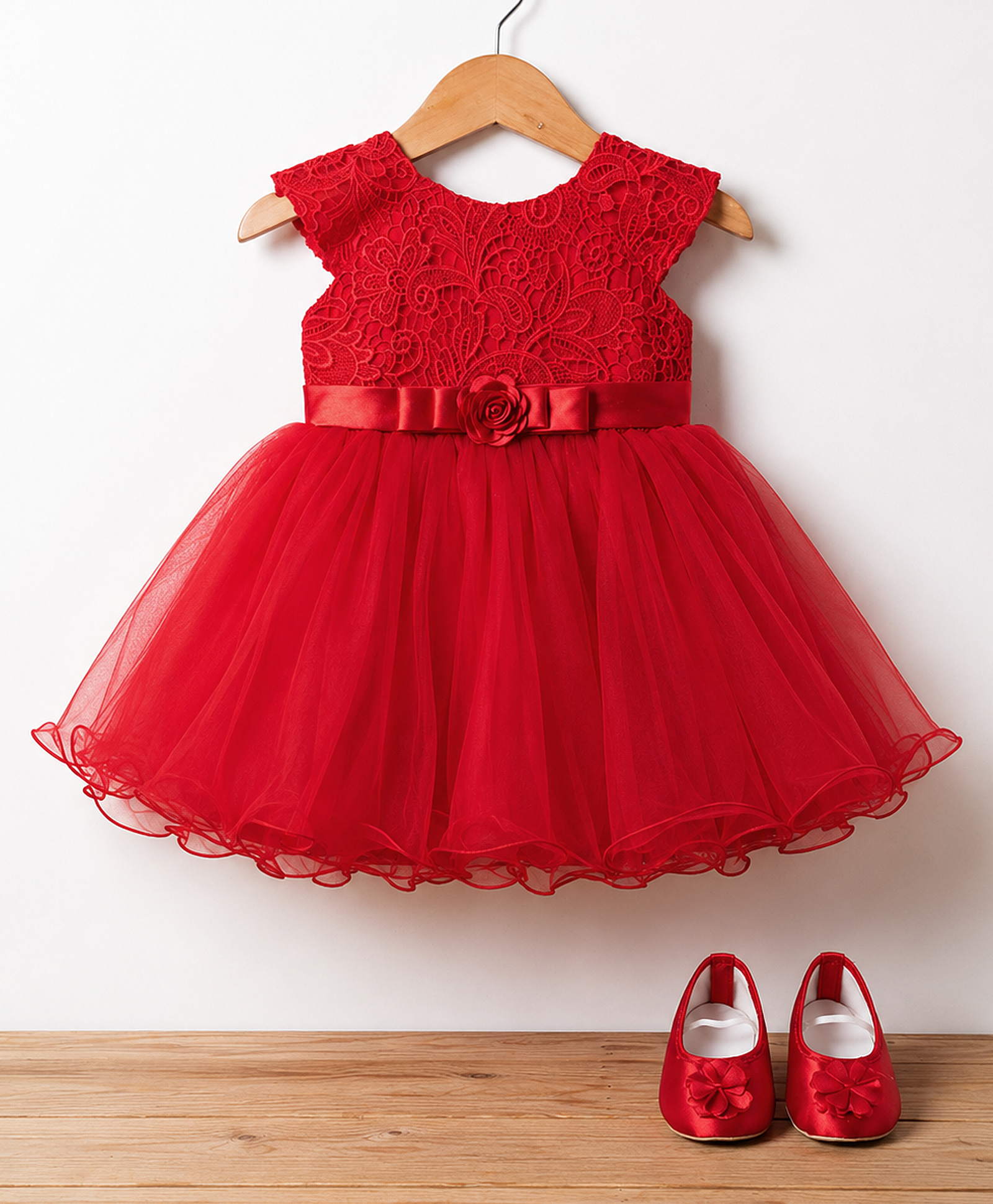 Blabber Sleeveless Ruffle & Floral Applique Detailed & Embroidered Knee Length Dress With Booties - Red-image-39