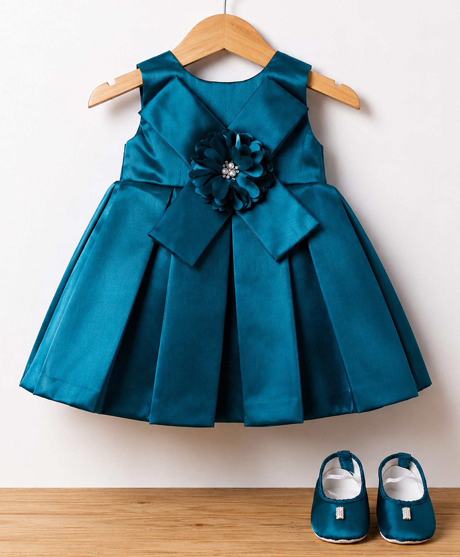 Blabber Sleeveless Pearl & Stone Embellished Floral Applique Detailed Knee Length Pleated Dress With Booties - Peacock Green-image-31