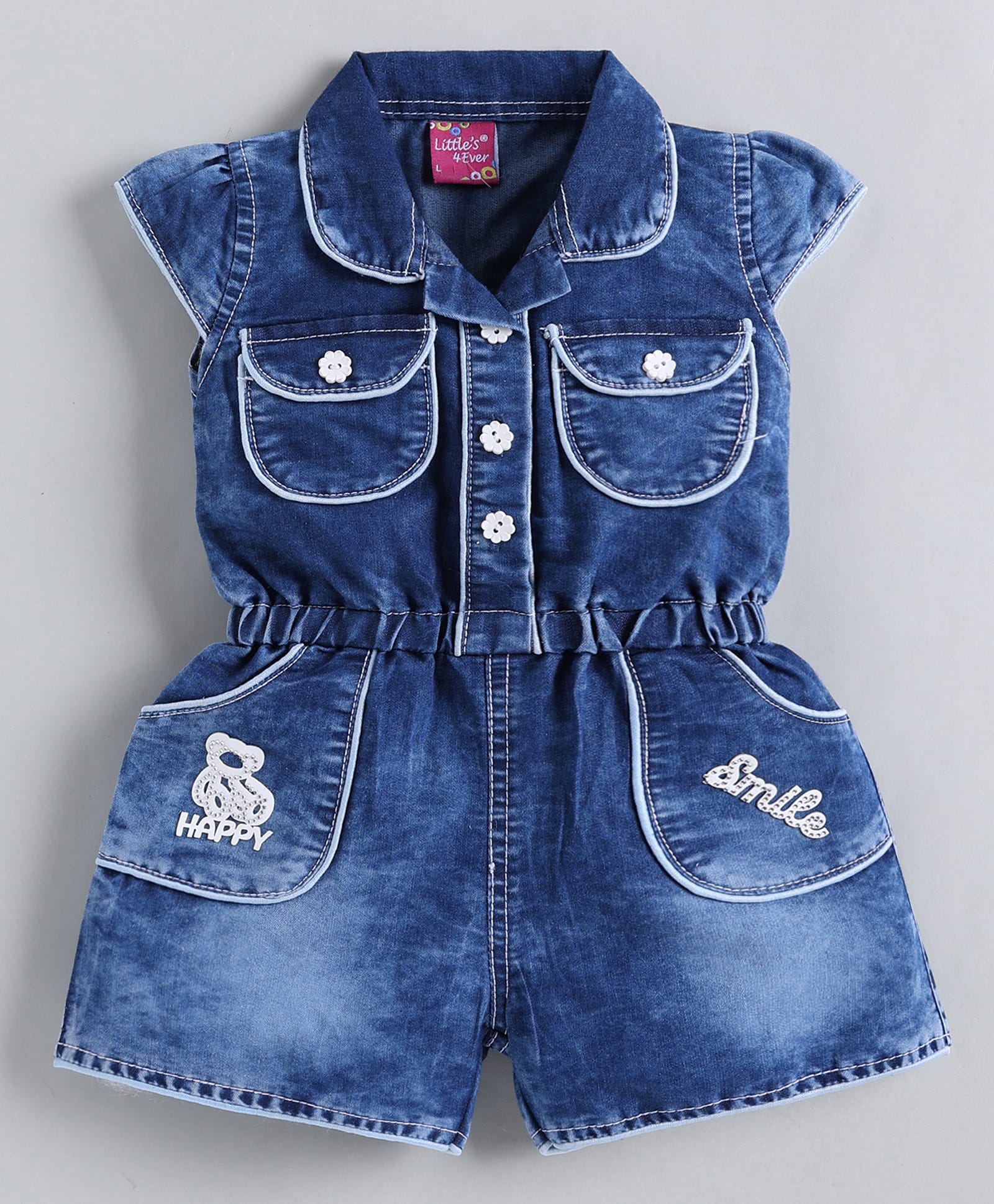LITTLE 4EVER Denim Knit Half Sleeves Happy & Smile Text Patch Detailed Jumpsuit - Blue-image-29