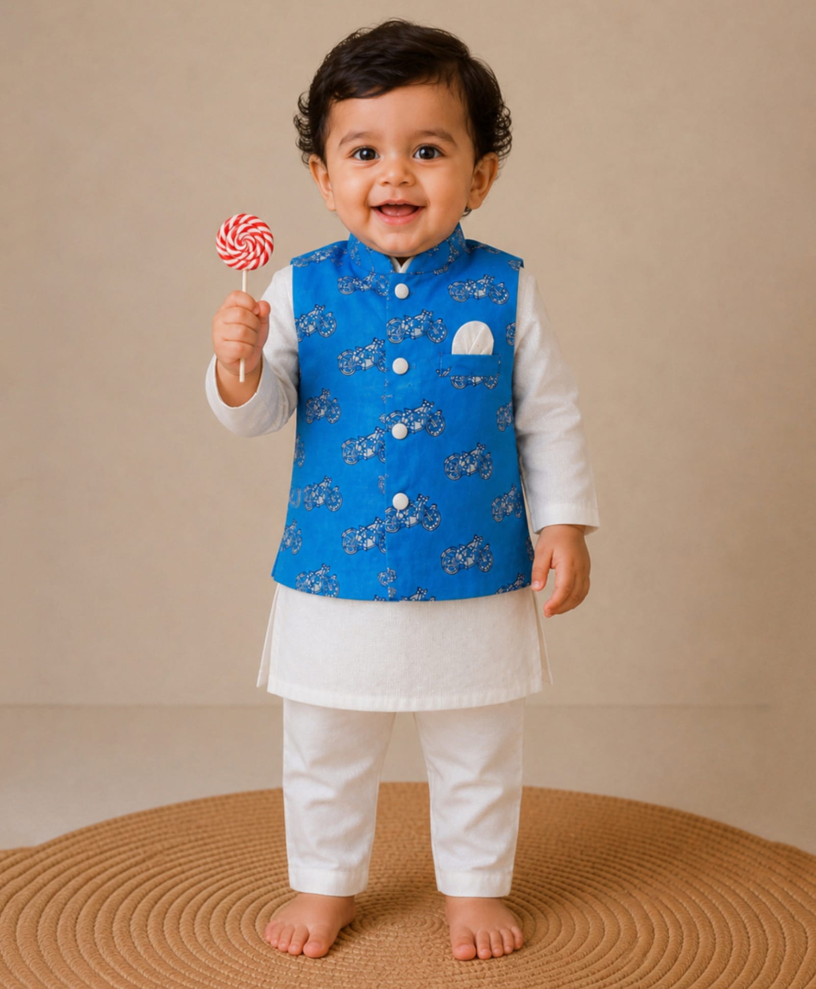 Pspeaches Cotton Lurex Woven Full Sleeves Solid Kurta & Pyjama With Bike Printed Jacket Set - Off White-image-11