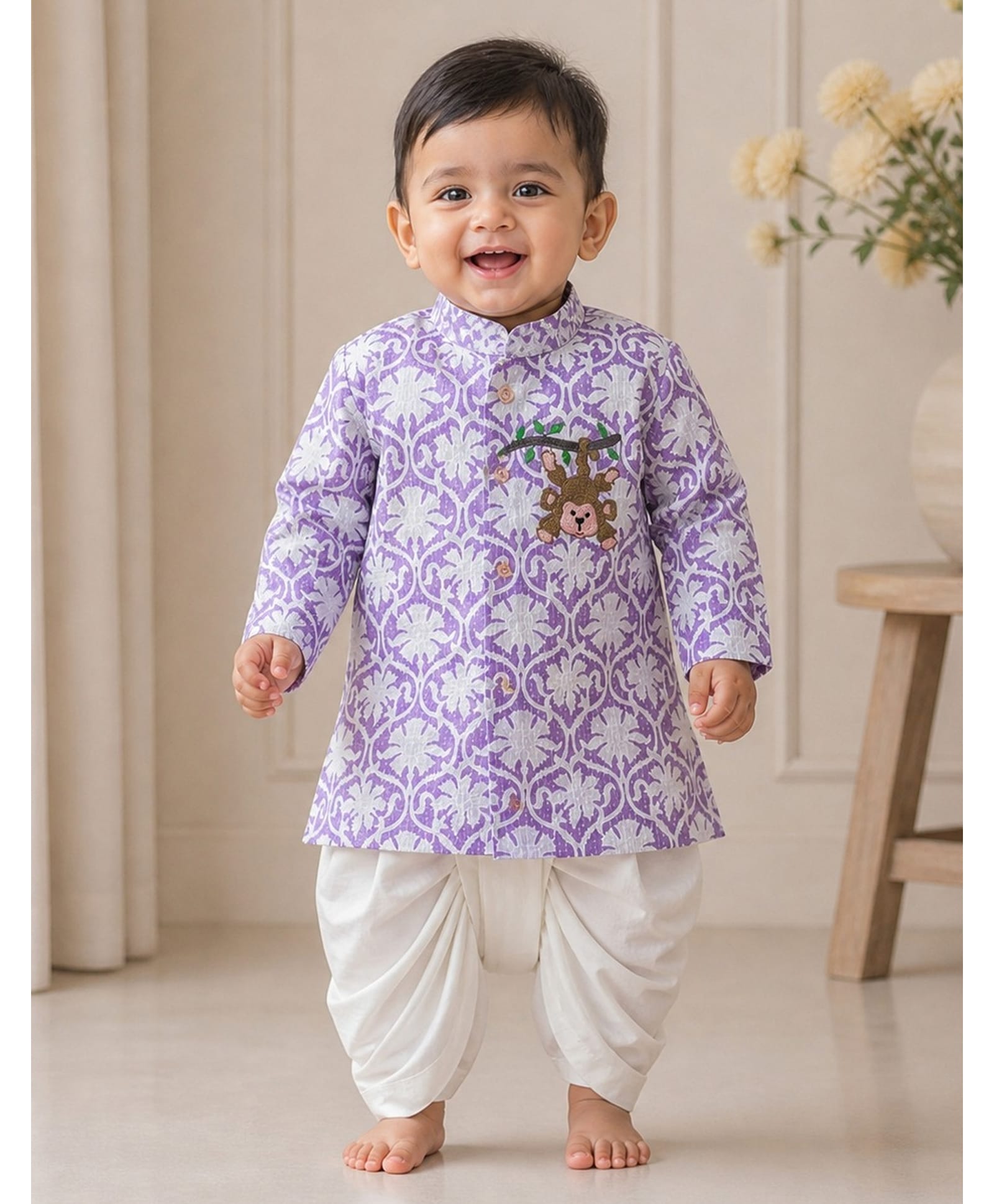 Pspeaches Cotton Woven Full Sleeves Floral Motifs Printed & Monkey Embroidered Dhoti Kurta Set - White & Lavender-picture-24