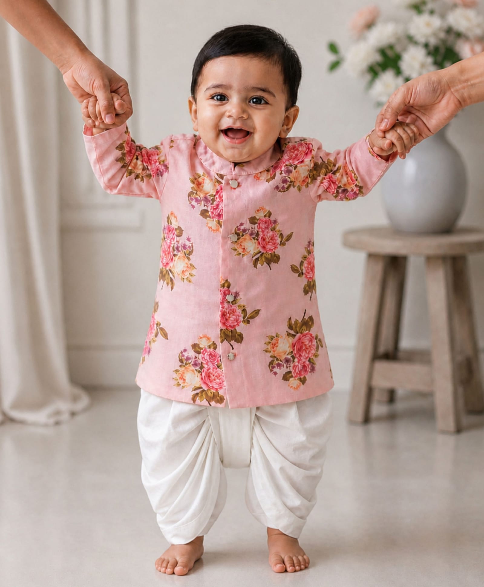 Pspeaches Silk Woven Full Sleeves Floral Printed Kurta & Dhoti Set - Peach-image-43