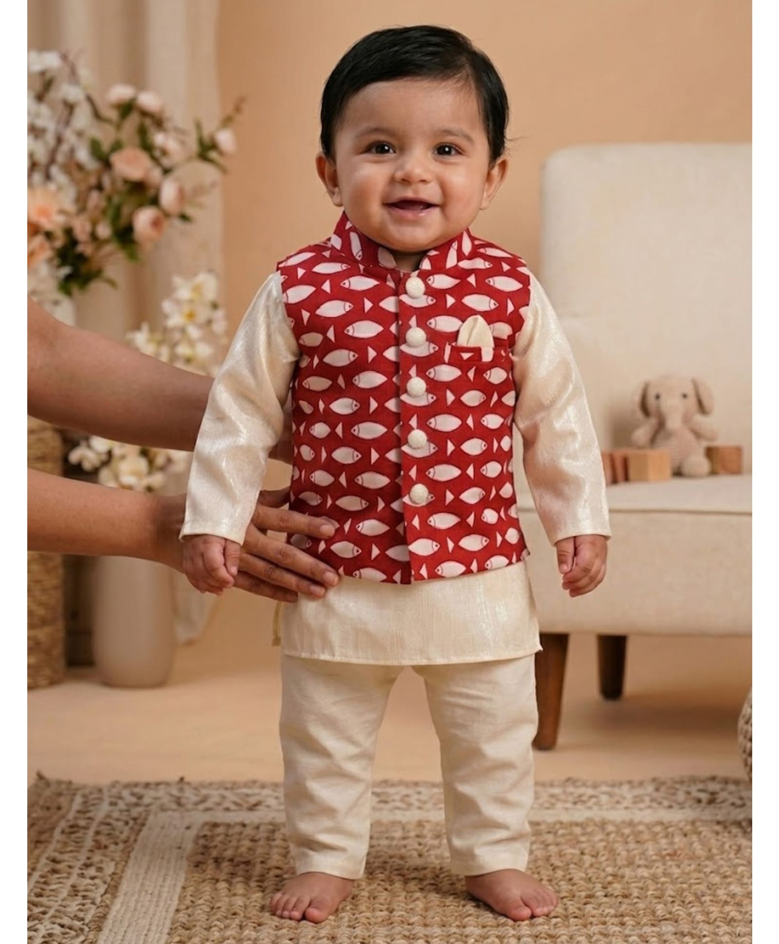 Pspeaches Cotton Lurex Woven Full Sleeves Solid Kurta & Pajama With Fish Printed Jacket Set - Off White-image-32