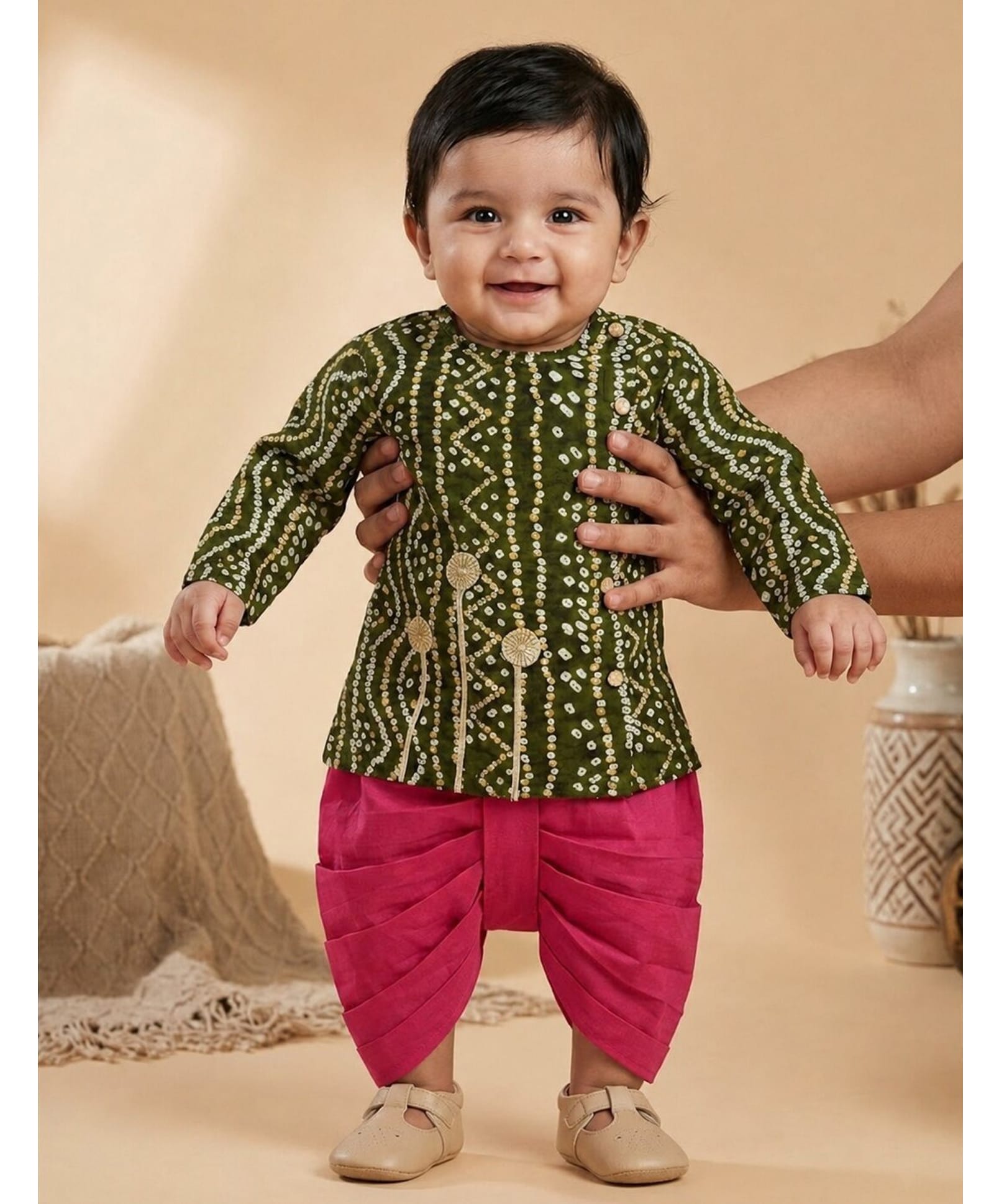 Pspeaches Rayon Woven Full Sleeves Bandhani Printed Kurta & Dhoti Set - Green & Magenta-image-3