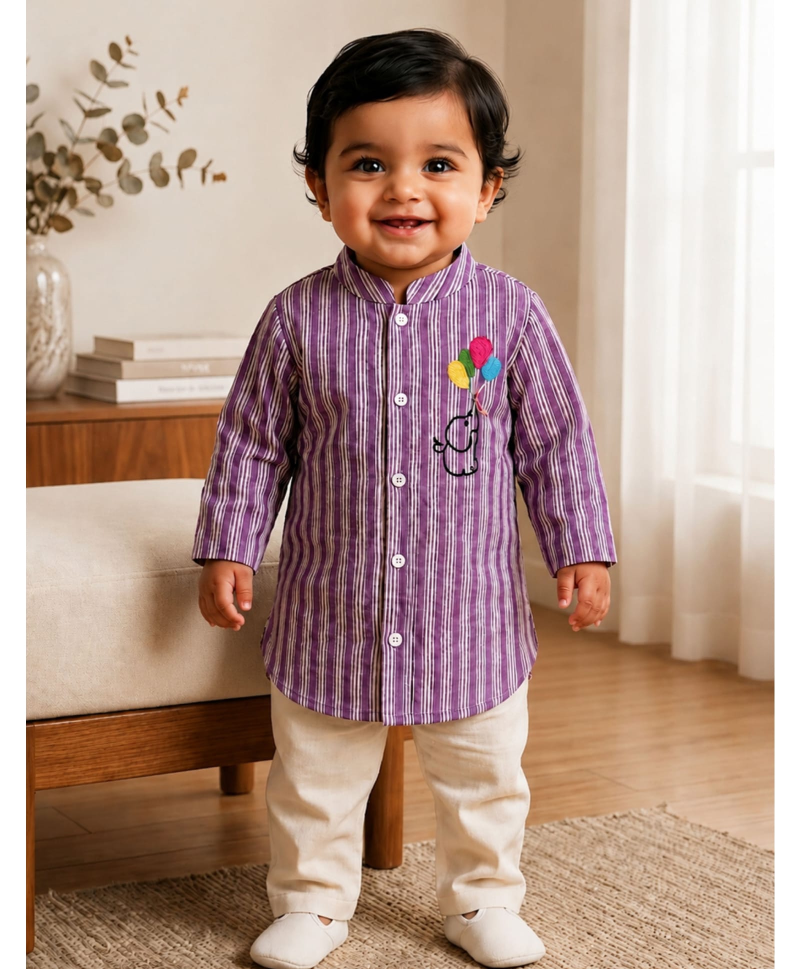 Pspeaches Cambric Woven Full Sleeves Striped & Balloon Embroidered Kurta & Pajama Set - Purple & White-image-10