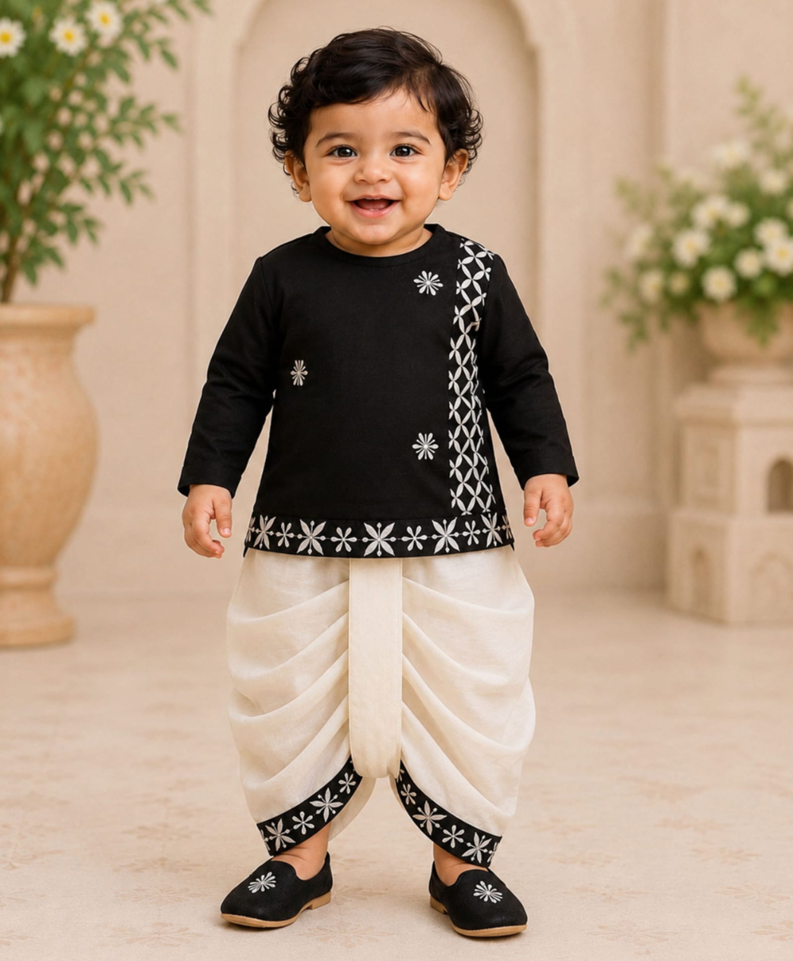Pspeaches Silk Woven Full Sleeves Floral Embroidered Kurta & Dhoti Set - Black & White-picture-13