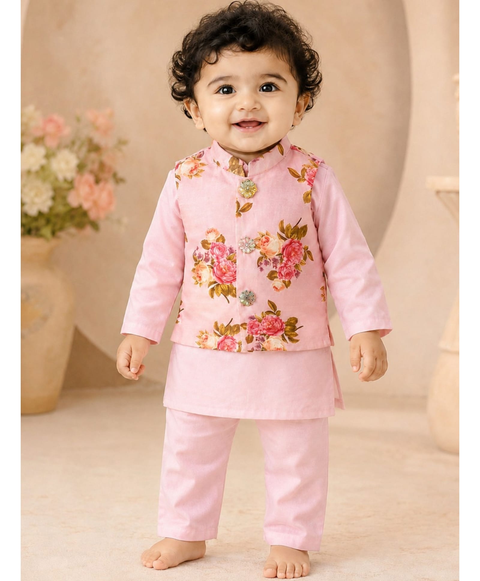 Pspeaches Cambric Woven Full Sleeves Solid Kurta & Pyjama With Floral Printed Jacket Set - Pink-picture-29