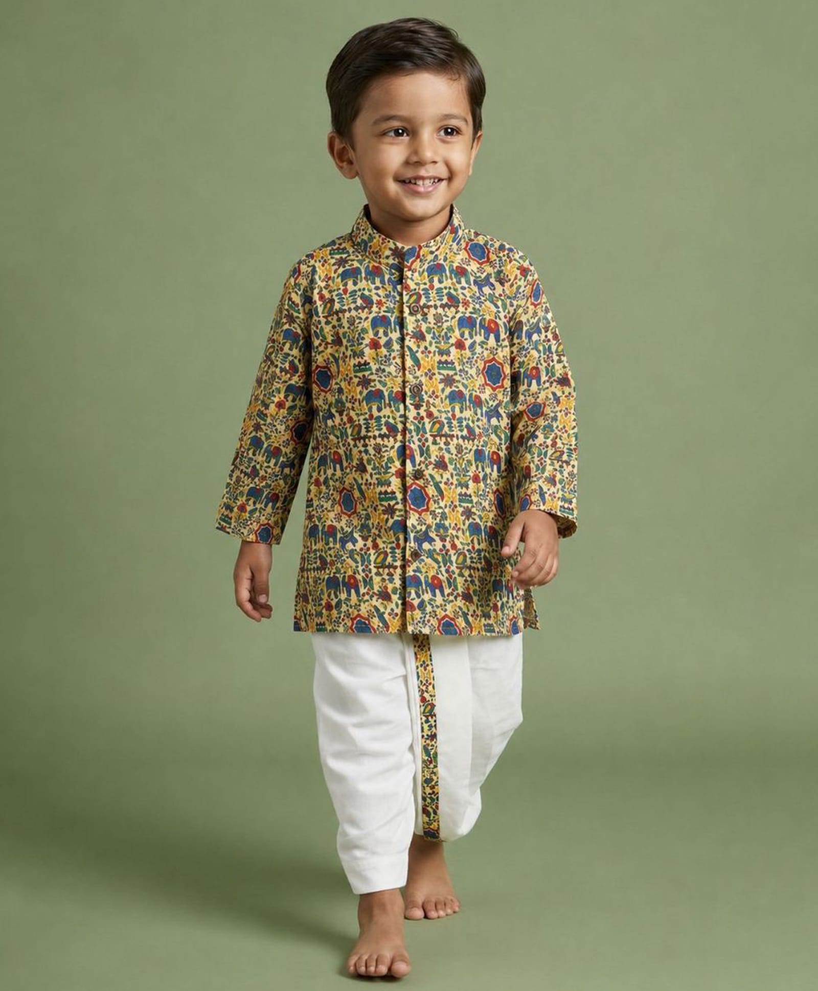 Ridokidz Cotton Woven Full Sleeves Ajrakh Printed Kurta Dhoti Set - Beige & Blue-image-20