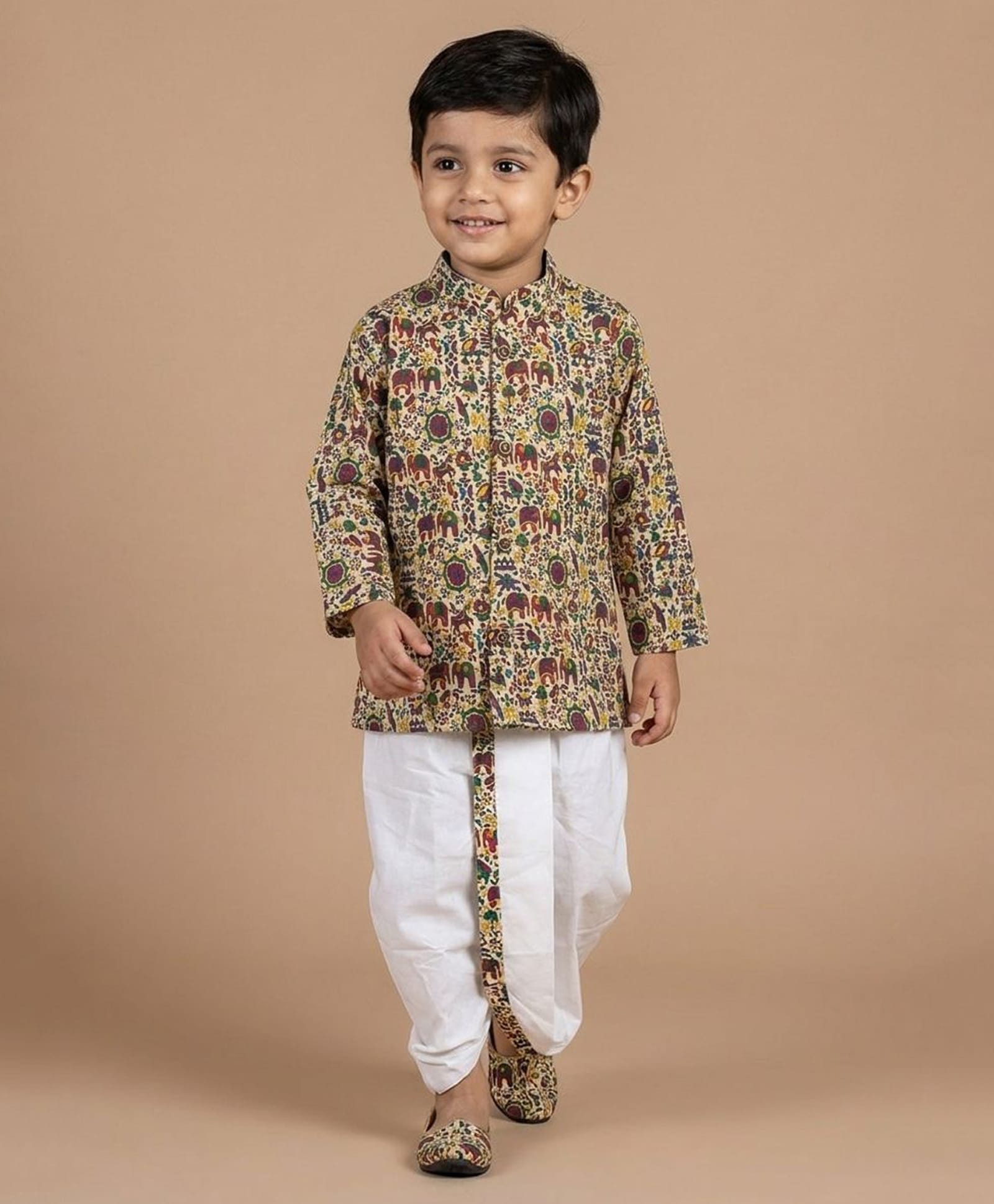 Ridokidz Cotton Woven Full Sleeves Ajrakh Printed Kurta Dhoti Set - Beige & Maroon-picture-43