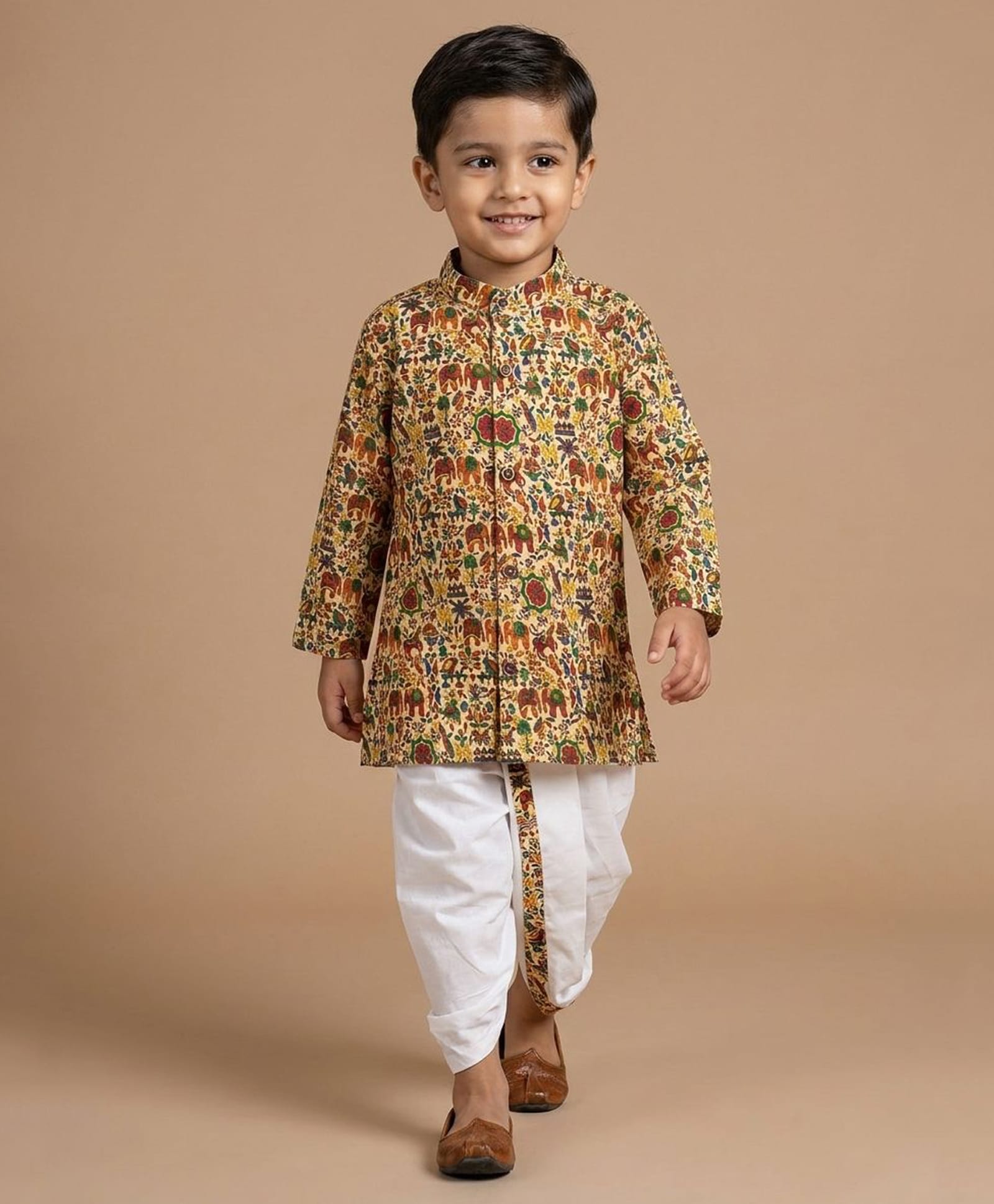 Ridokidz Cotton Woven Full Sleeves Ajrakh Printed Kurta Dhoti Set - Beige & Orange-picture-47