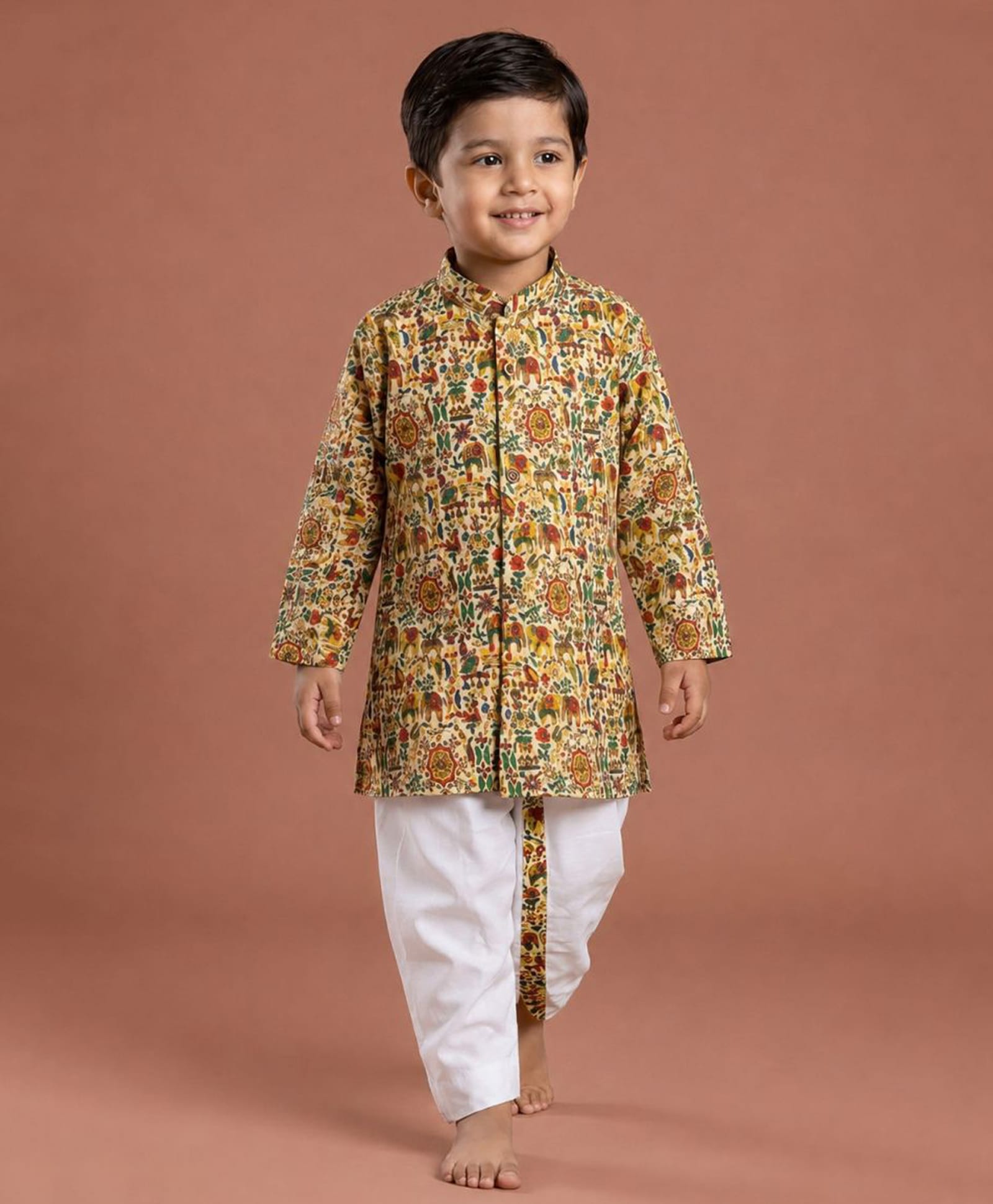 Ridokidz Cotton Woven Full Sleeves Ajrakh Printed Kurta Dhoti Set - Beige & Mustard-picture-27