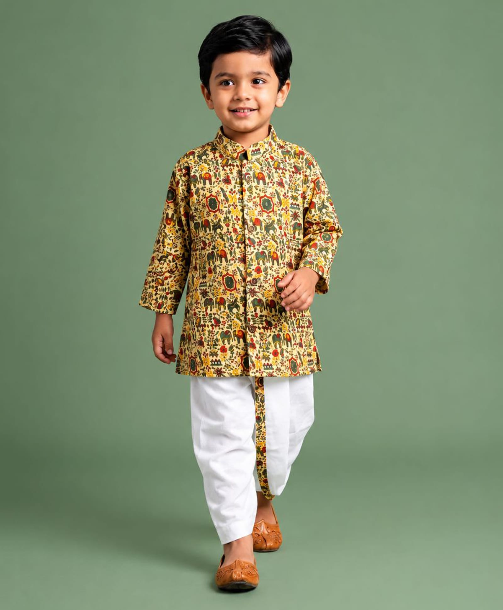 Ridokidz Cotton Woven Full Sleeves Ajrakh Printed Kurta Dhoti Set - Beige & Green-image-30