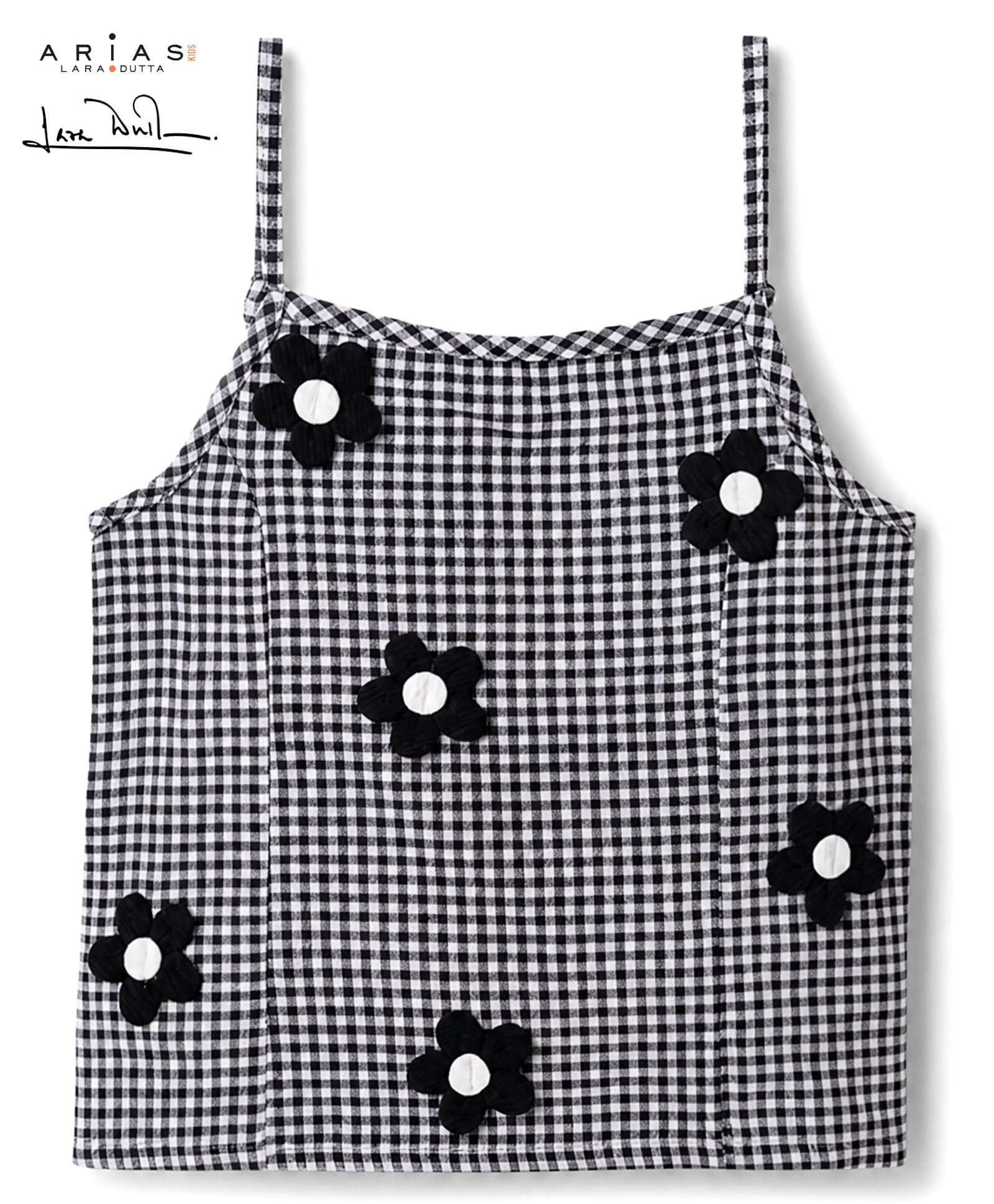 Arias Cotton Woven Sleeveless Checks Top with Floral Applique - Black-image-27