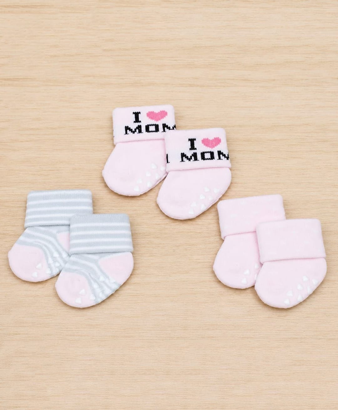 Kidofash Knit Pack Of 3 Striped & I Love Mom Text Designed Anti Skid Socks - Light Pink-picture-4