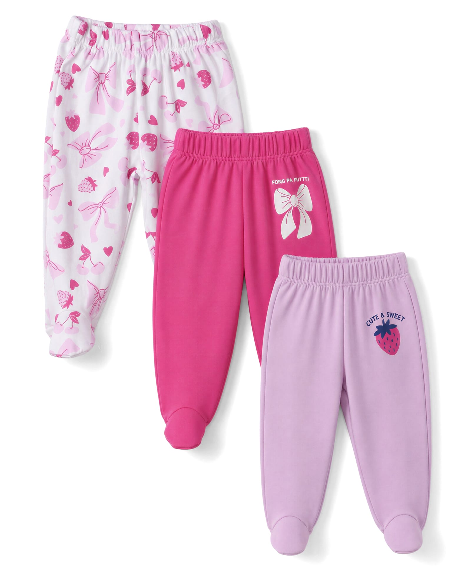 Doodle Poodle 100% Cotton Knit Full Length Strawberry & Bow Printed Bootie Leggings Pack Of 3 - White Light & Dark Pink-image-38