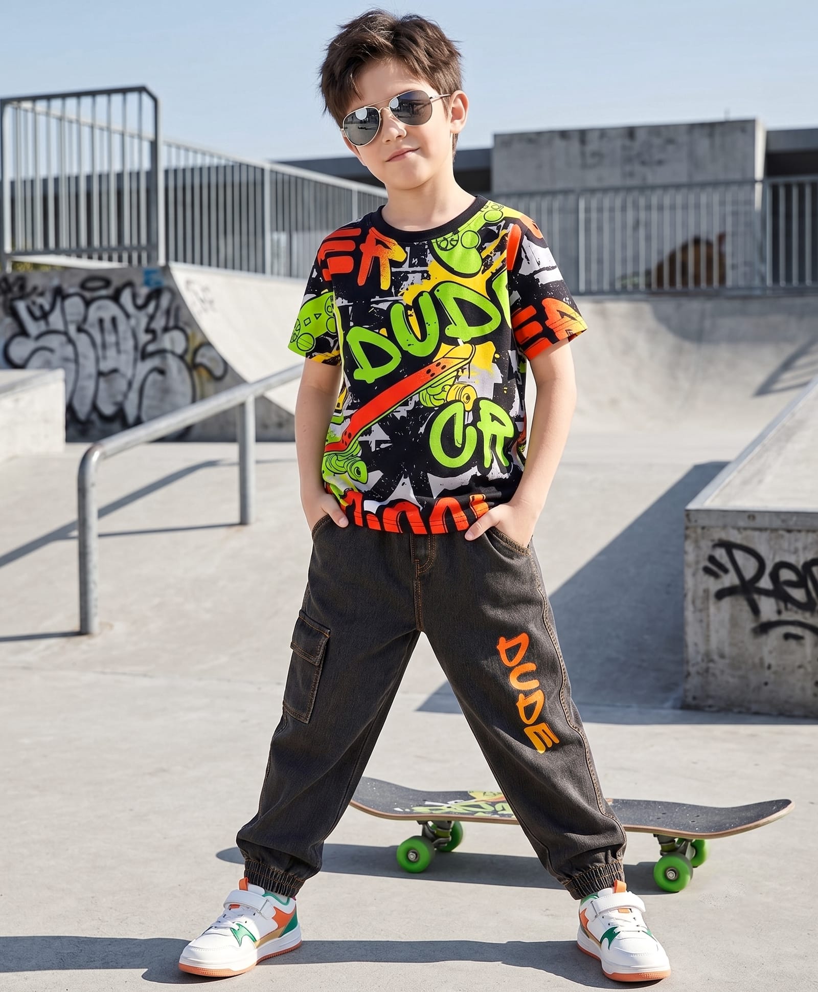 OLLINGTON ST. Set Of Cotton Knit Printed Half Sleeves Text Printed T-shirt & Denim Joggers - Multicolour & Black-picture-13