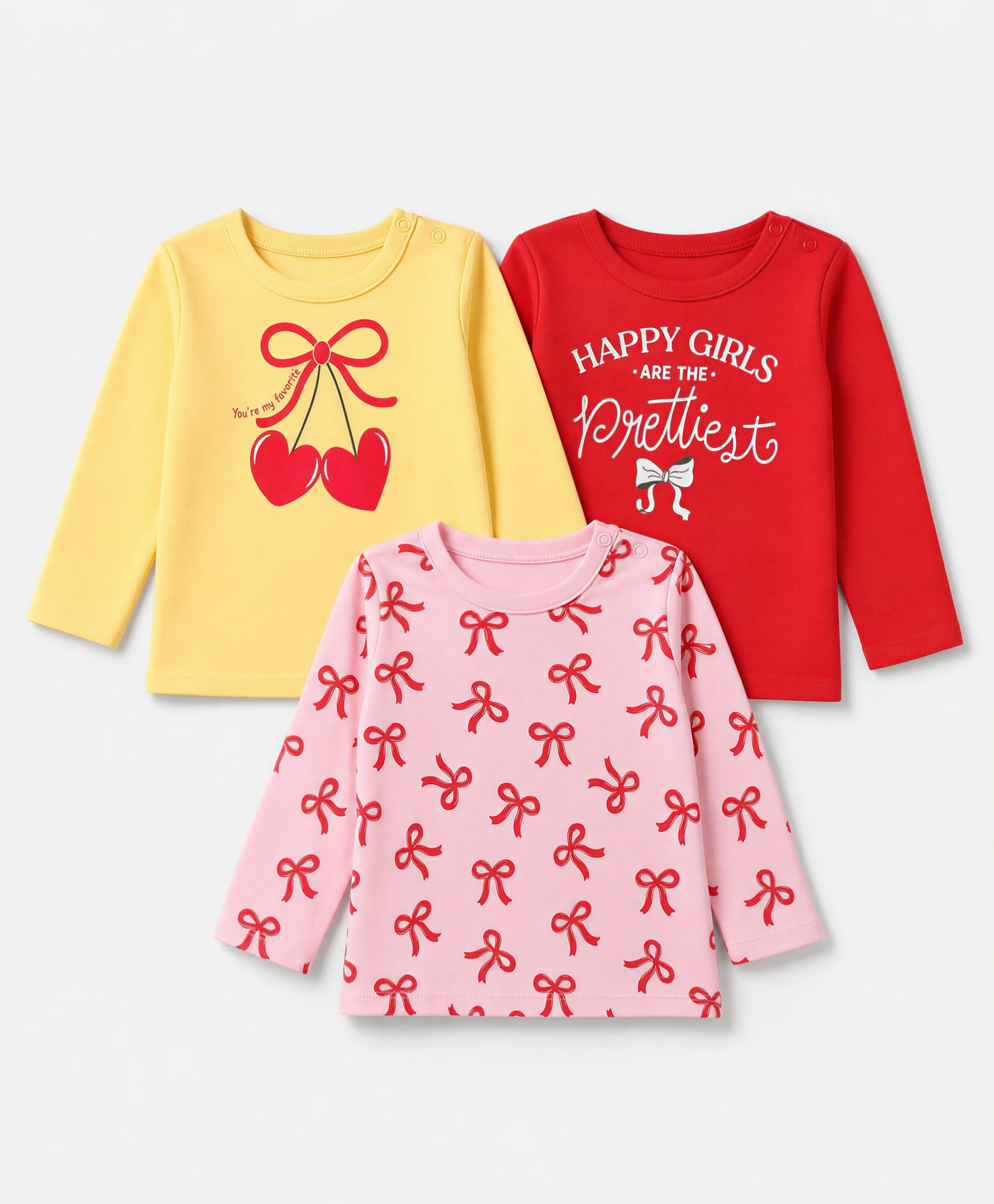 Doodle Poodle Cotton Single Jersey Knit T-Shirts with Full Sleeves and Bow Print in Yellow , Pink & Red Pack of 3 for New born-image-18