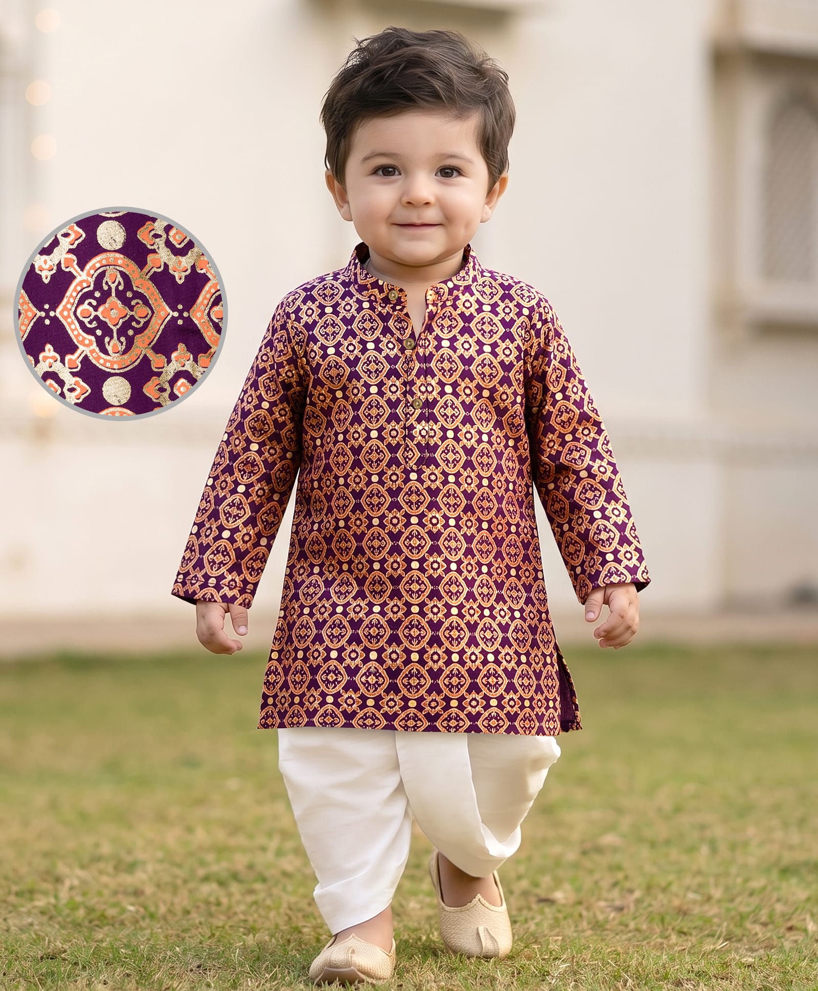 EARTHY TOUCH Cotton Woven Full Sleeves Floral Printed Kurta & Dhoti Set - Wine-picture-17