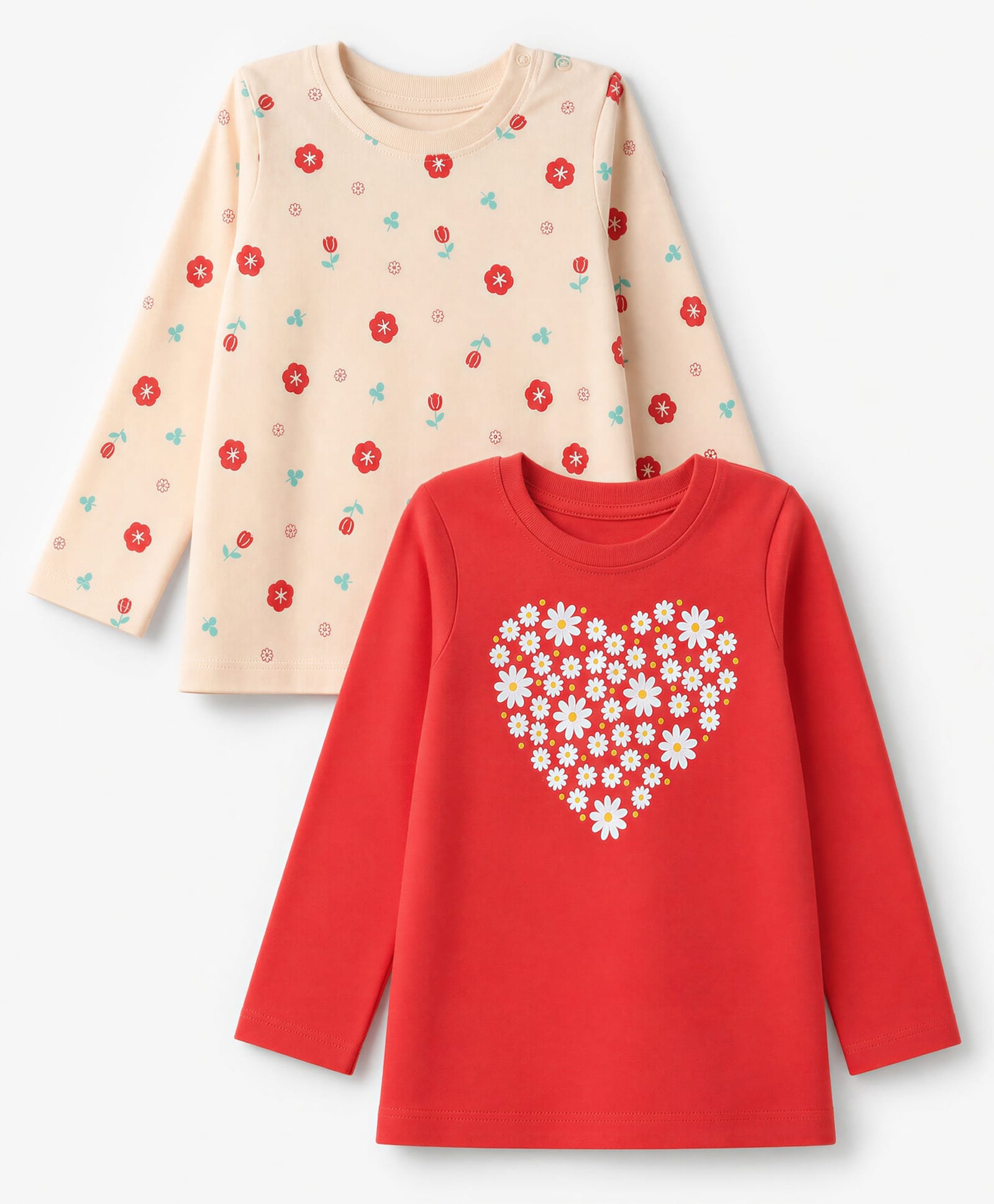 Doodle Poodle Cotton Single Jersey Knit T-Shirts with Full Sleeves and Floral Print in Light Peach & Red Pack of 2 for 0-3 Months-image-17