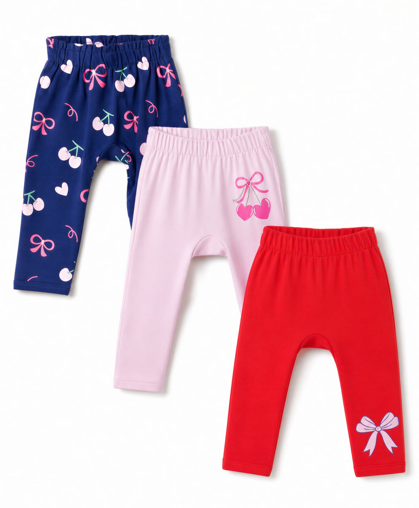 Doodle Poodle Cotton Knit Full Length Diaper Leggings With Bow & Cherry Graphic - Navy Blue, Red & Pink-image-15