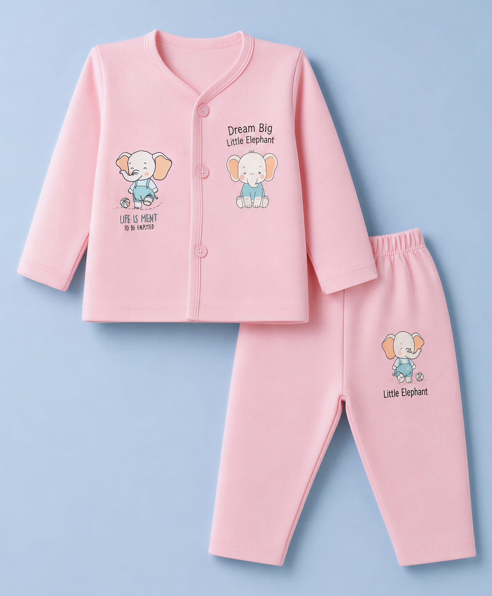 Cucumber Sinker Knit Full Sleeves T-Shirt & Pyjama Night Suit with Little Elephant Print - Pink-picture-26