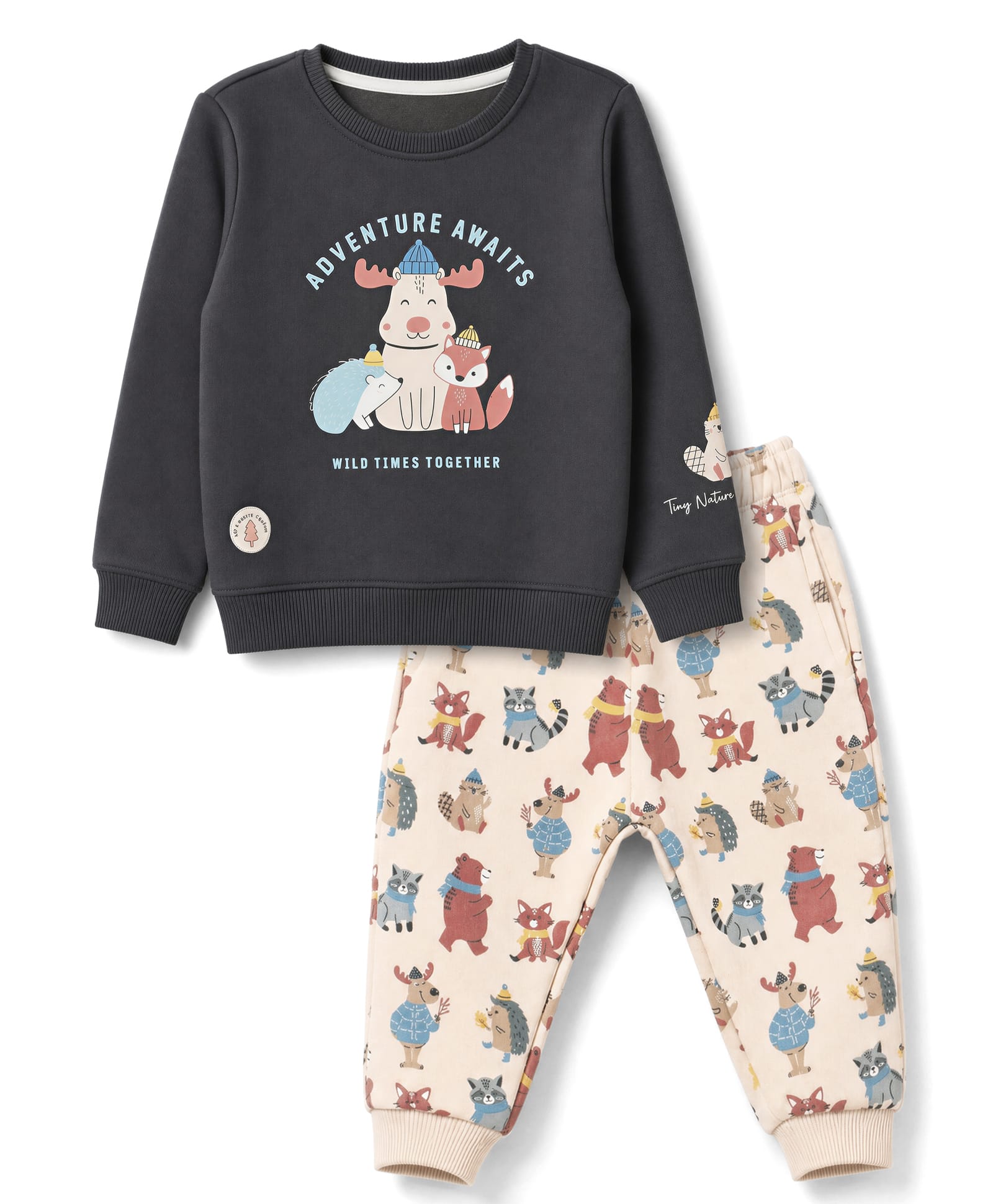 CUCUMBER Fleece Knit Full Sleeves Winter Wear Suits With Animal & Text Print - Charcoal Grey-picture-33