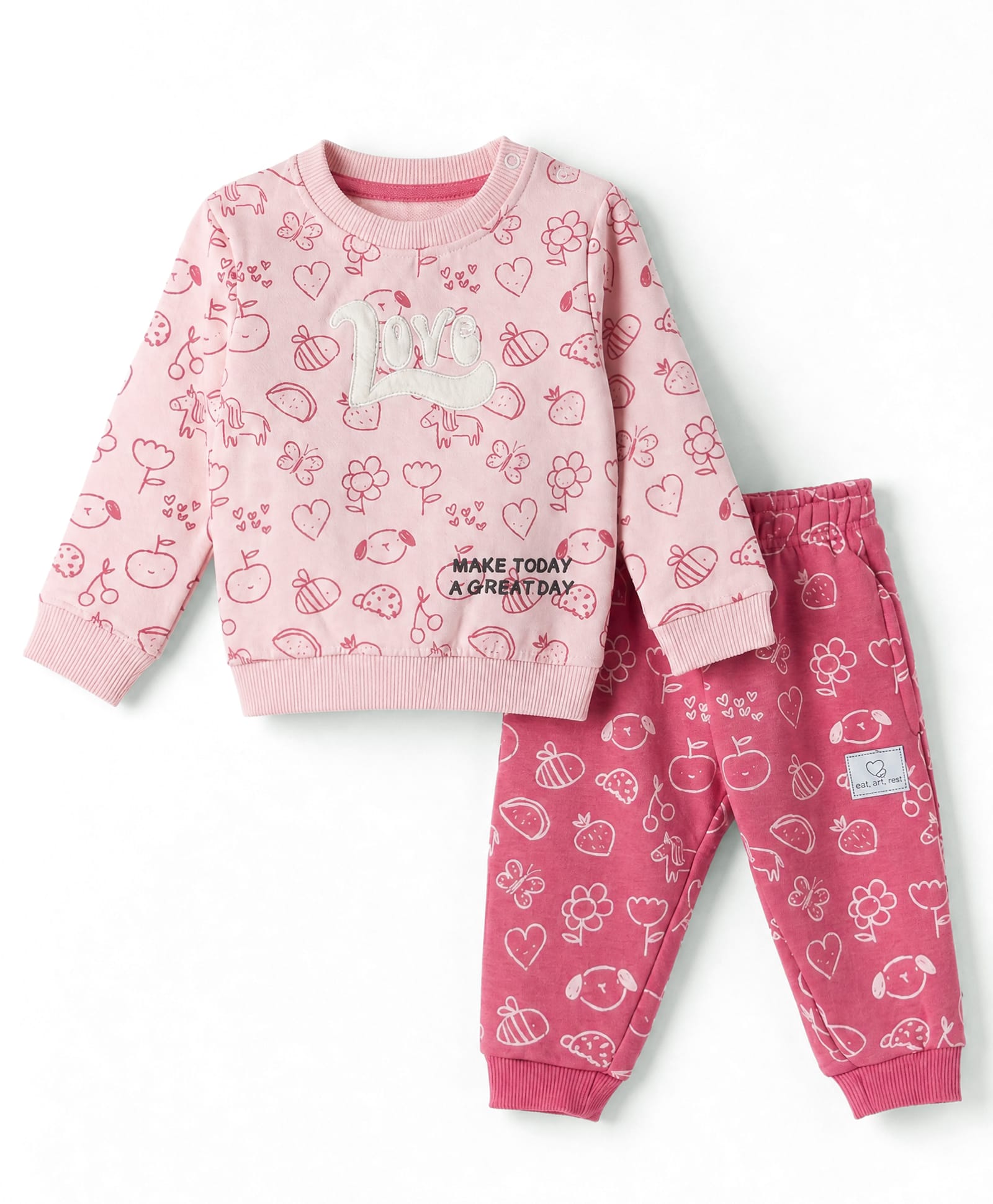 Cucumber Terry Knit Full Sleeves T-Shirt & Pyjama Night Suit with Bees Heart Fruit & Love Patch - Pink-picture-35