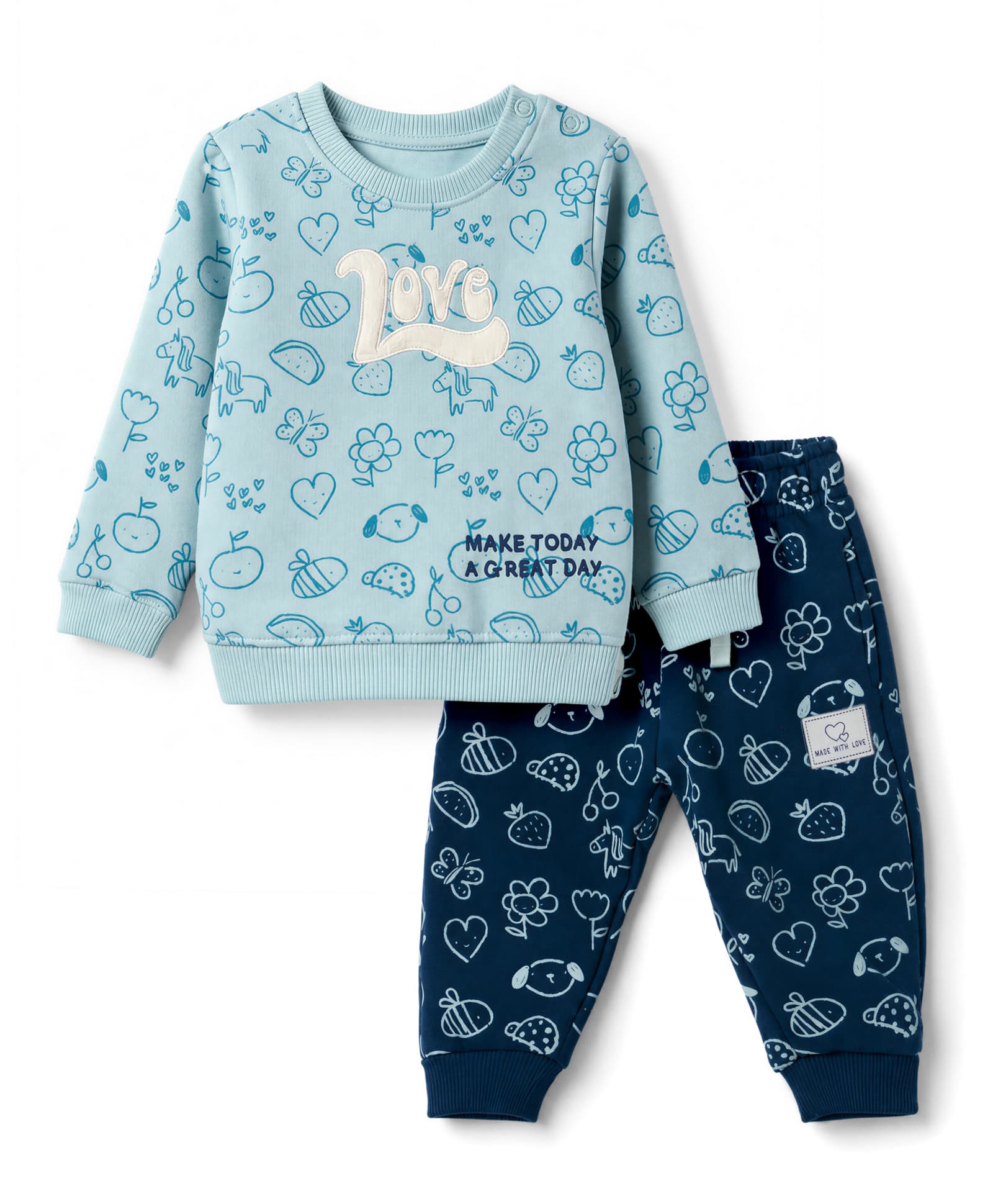Cucumber Terry Knit Full Sleeves T-Shirt & Pyjama Night Suit with Bees Heart Fruits & Love Patch - Sky Blue-picture-5