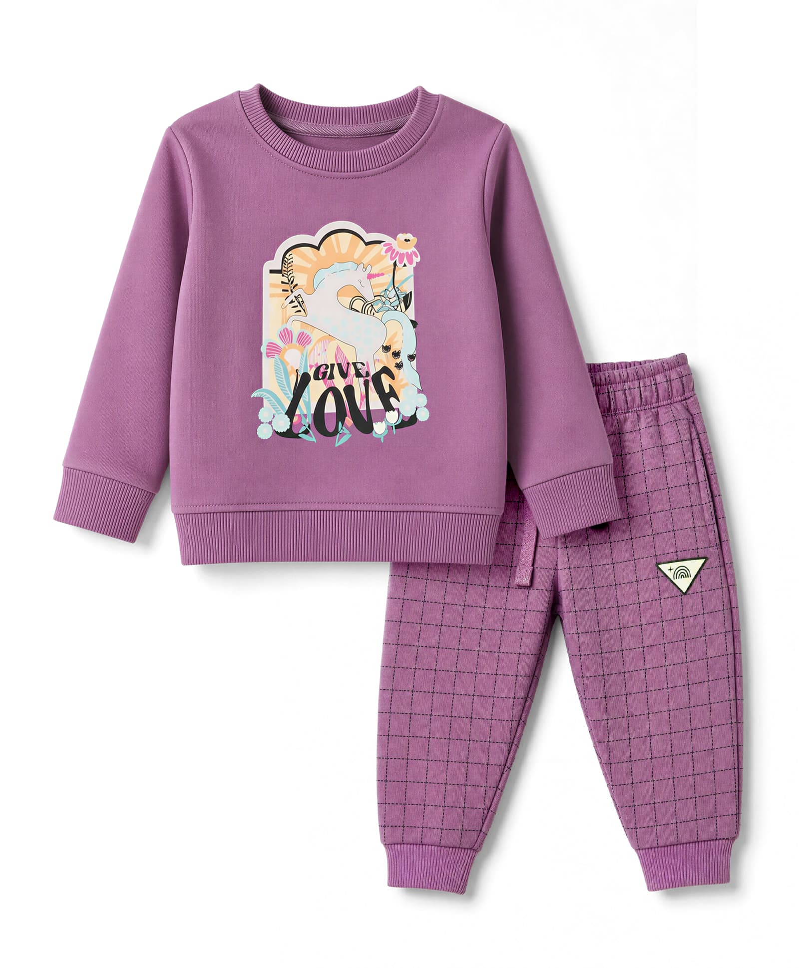 Cucumber Terry Knit Full Sleeves T-Shirt & Checked Jogger Night Suit with Unicorn Print - Purple-picture-4