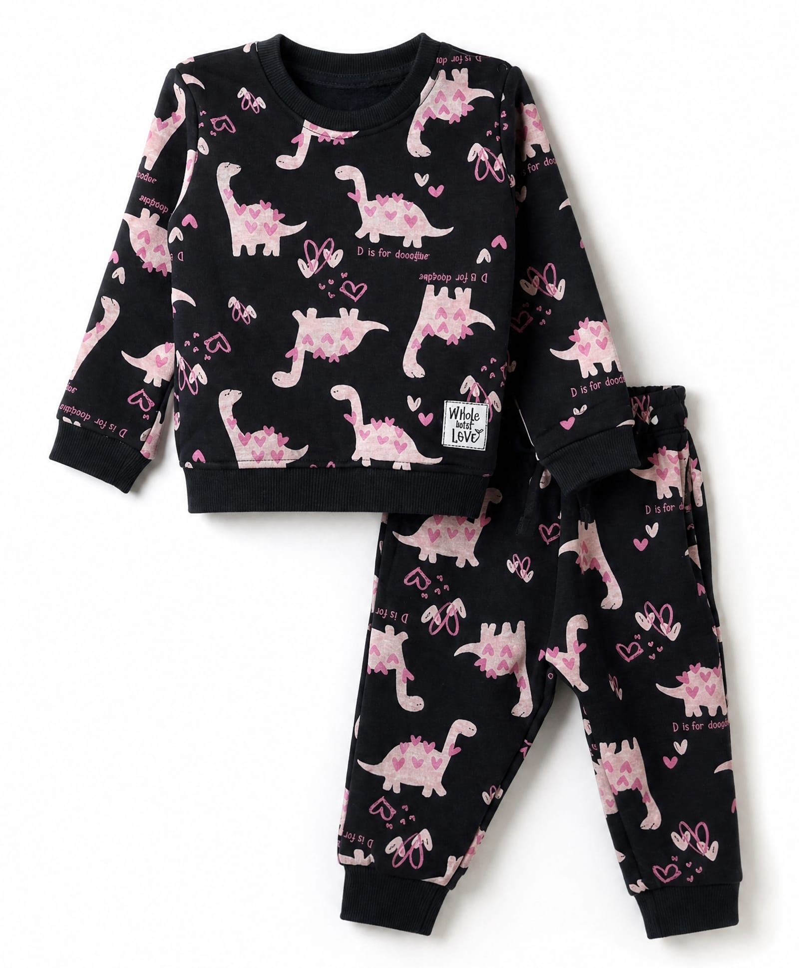 Cucumber Terry Knit Full Sleeves Co-Ords T-Shirt & Pyjama Night Suit with Dinosaur & Heart Print - Grey-picture-30