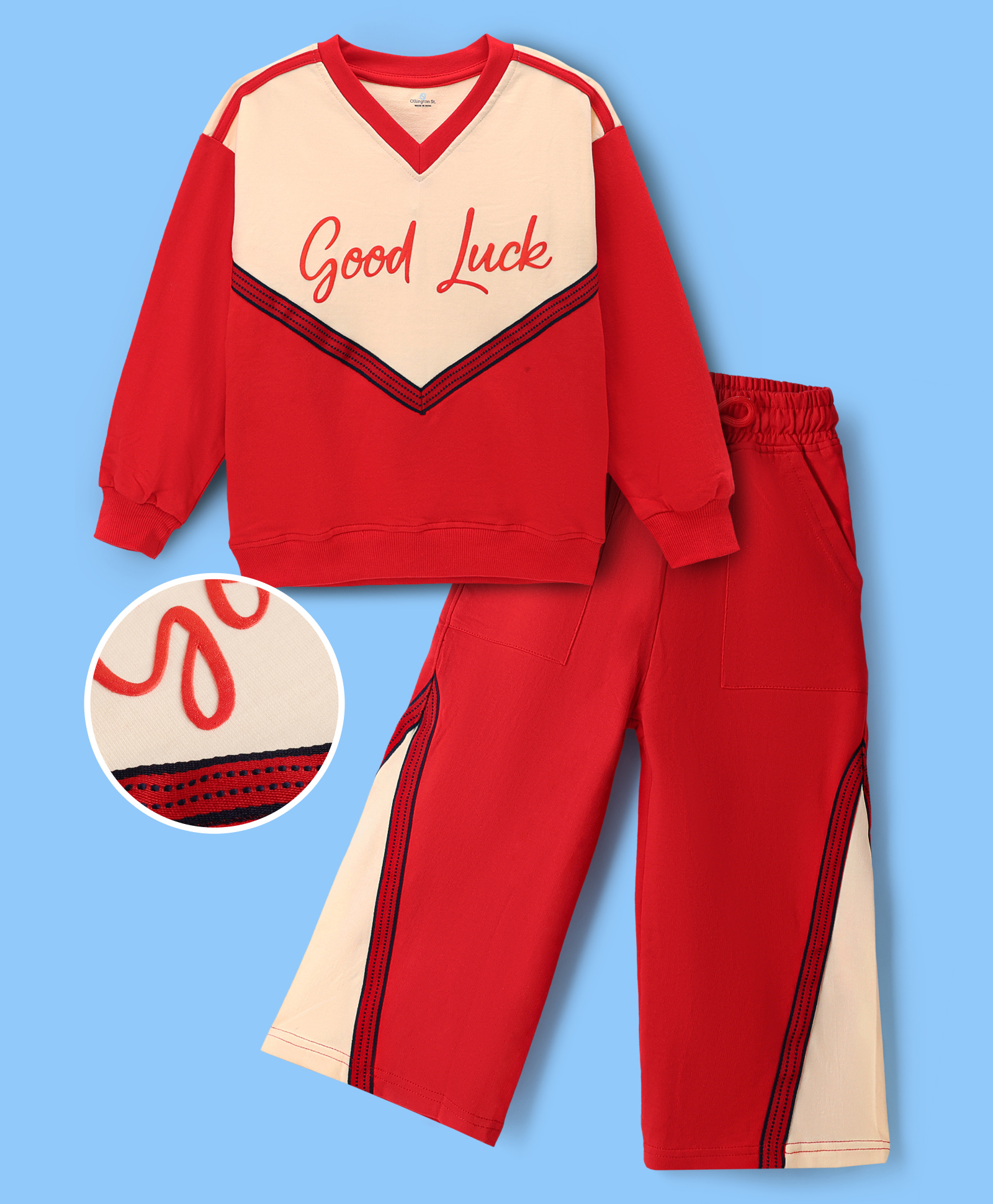 OLLINGTON ST. Looper Knit Full Sleeves Winter Wear Suit With Text Print - Beige & Red-image-23