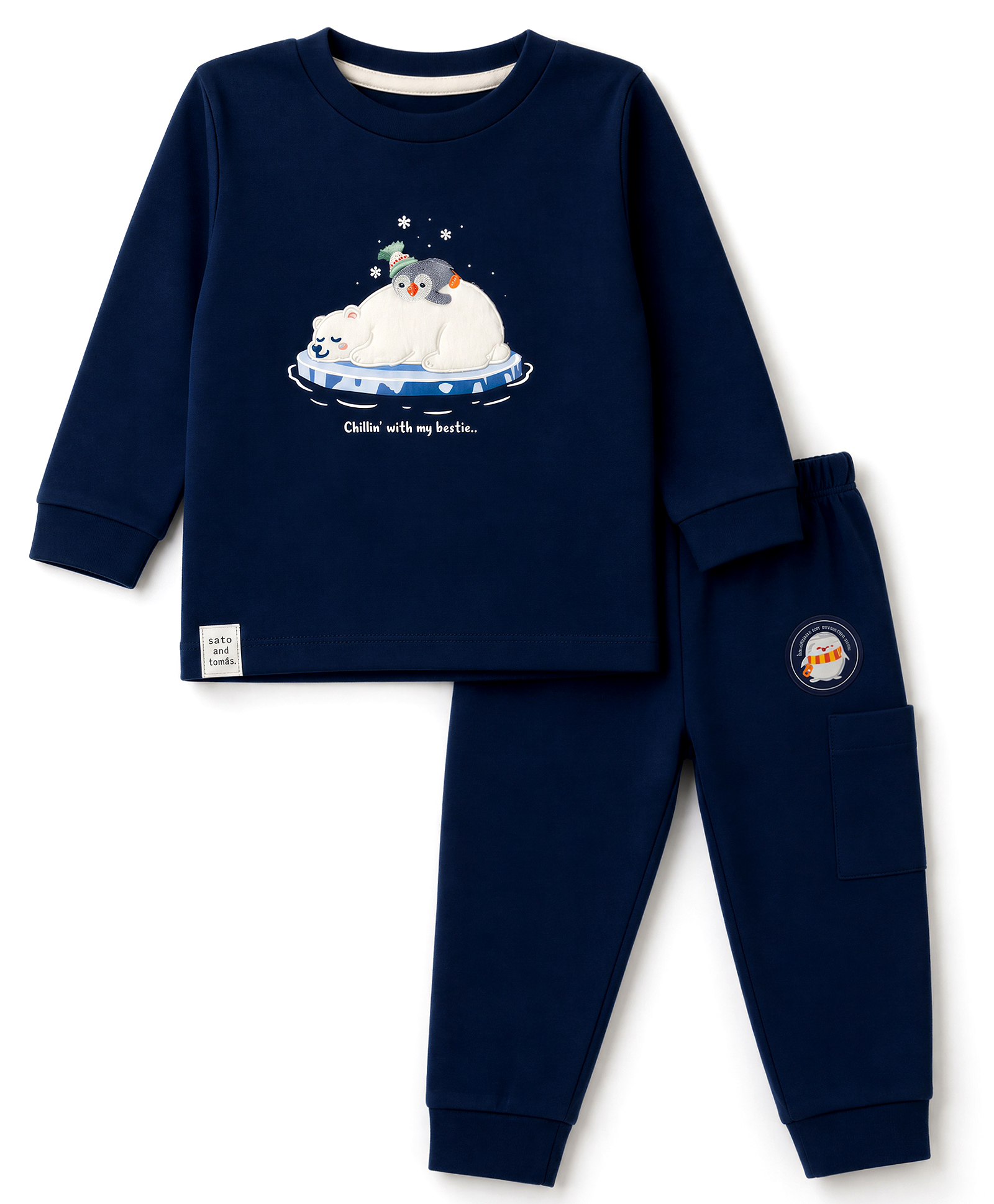 Ollypop Sinker Knit Full Sleeves T-Shirt & Jogger Set With Teddy Bear Patch & Text Print - Navy Blue-image-42