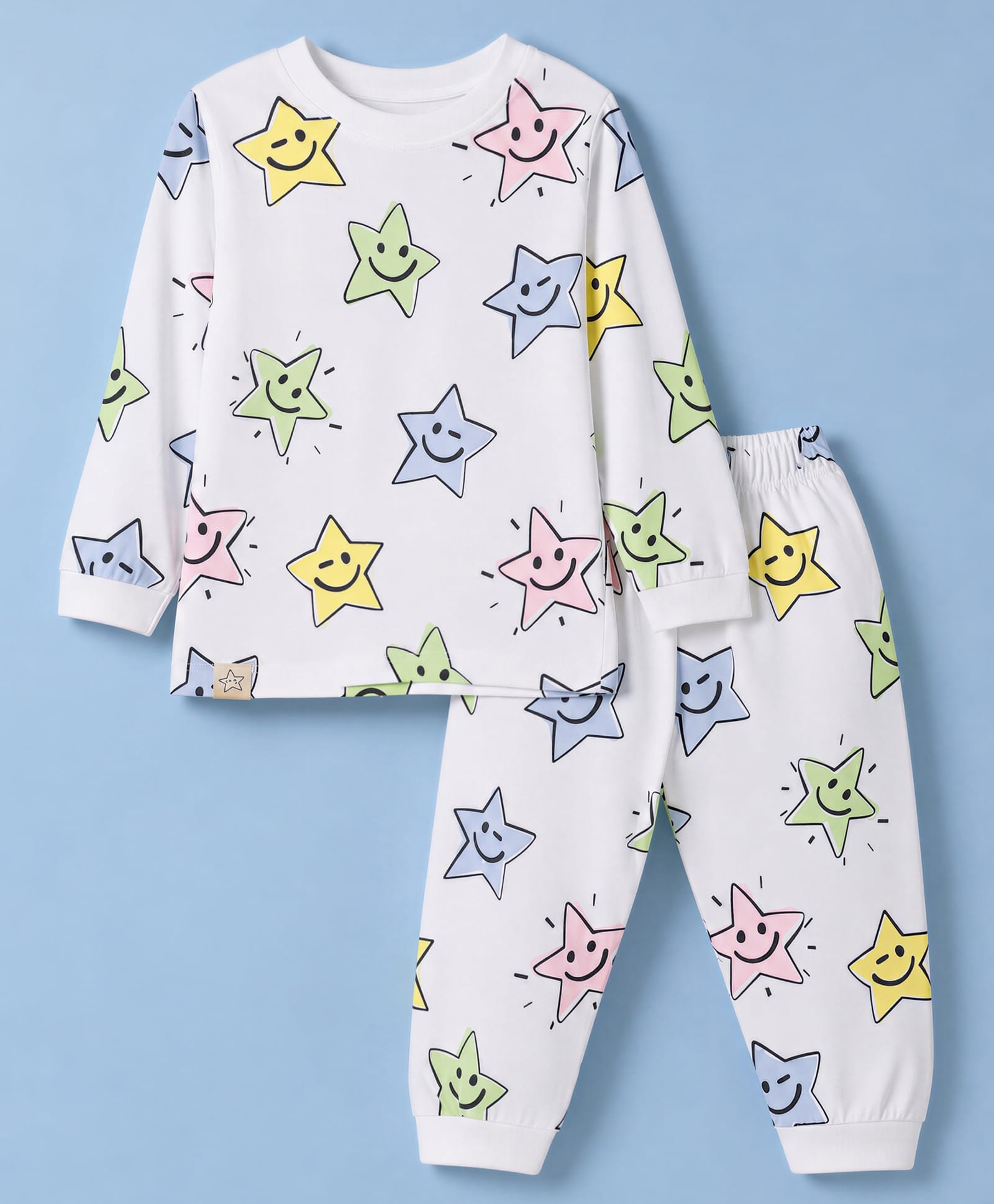 Ollypop Sinker Knit Full Sleeves Co-Ords T-Shirt & Pyjama Night Suit with Star Print - White-picture-27