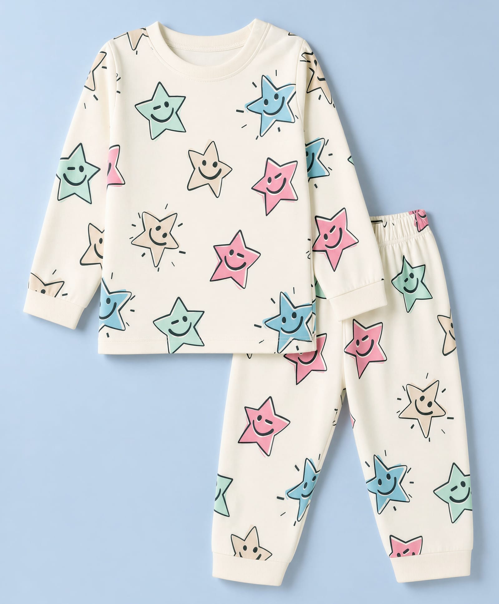 Ollypop Sinker Knit Full Sleeves Co-Ords T-Shirt & Pyjama Night Suit with Star Print - Offwhite-picture-24