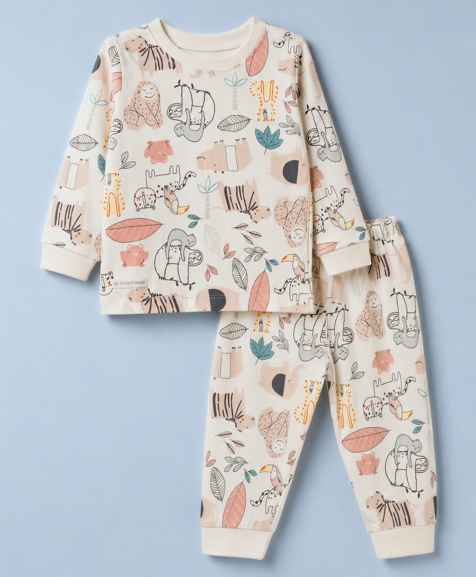 Ollypop Sinker Knit Full Sleeves T-Shirt & Jogger Set With Animal Print - Cream & Pink-picture-15