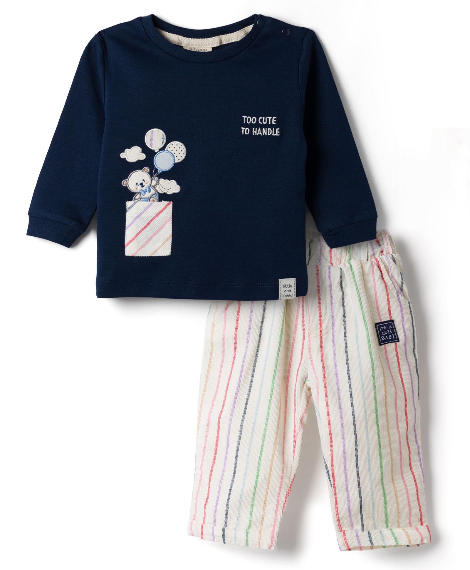 Ollypop Interlock Knit Full Sleeves T-Shirt & Striped Pant With Teddy Bear Embroidery - Navy Blue-picture-29