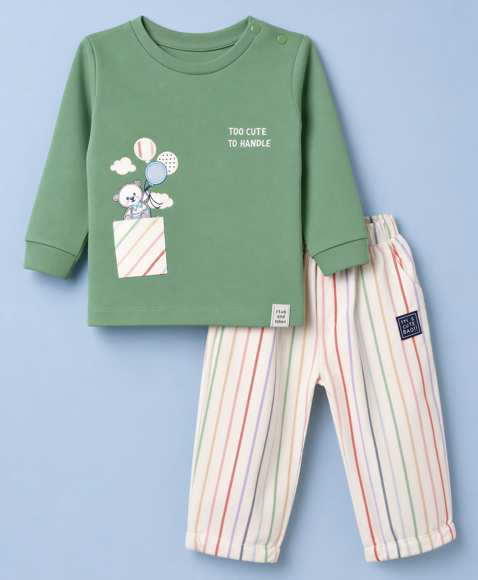 Ollypop Interlock Knit Full Sleeves T-Shirt & Striped Pant With Teddy Bear Embroidery - Green-image-12
