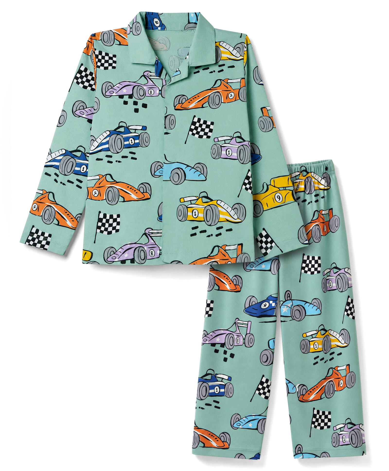 Ollypop Sinker Knit Full Sleeves Co-Ords Shirt & Pyjama Night Suit with Car Print - Green-image-43
