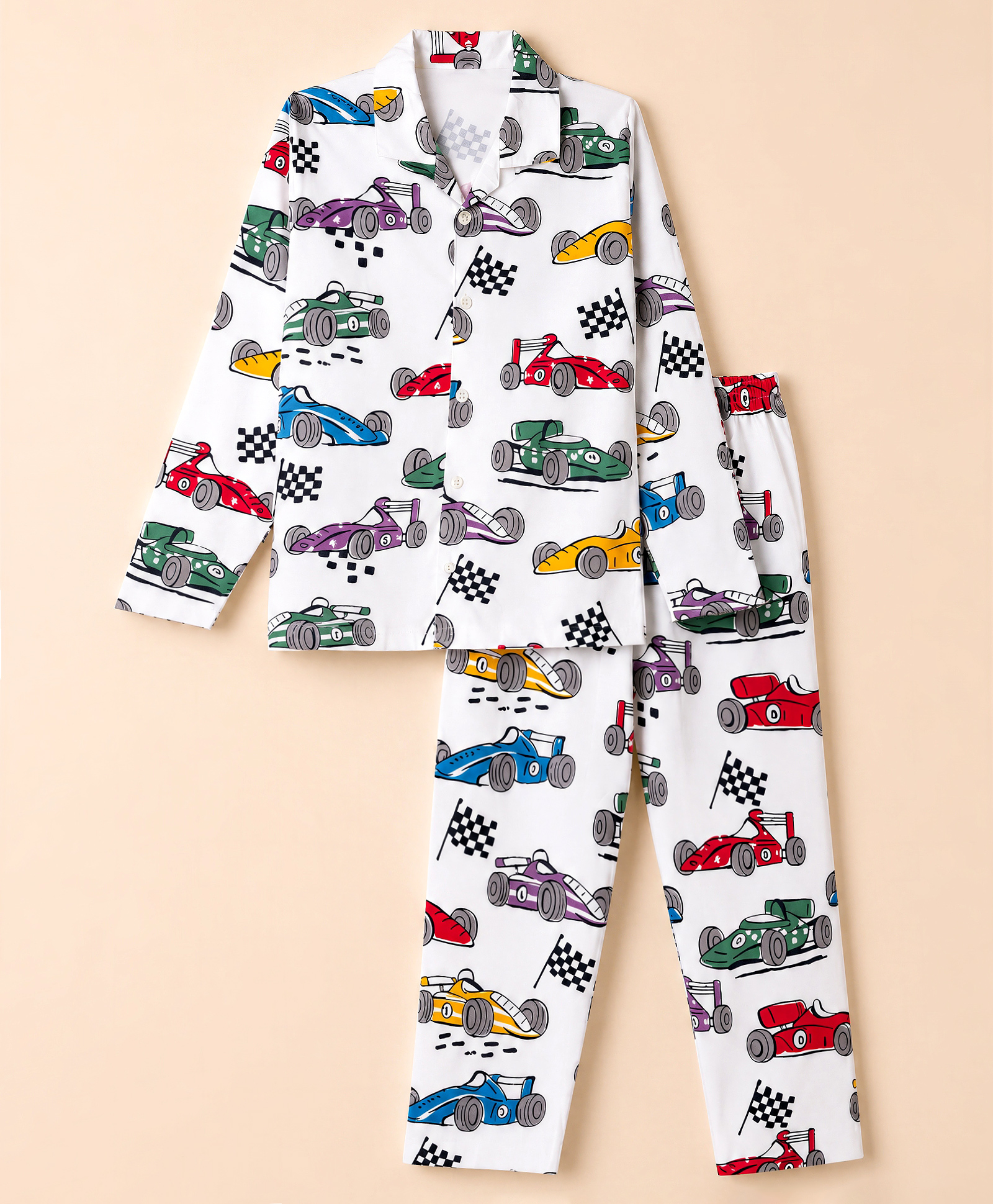 Ollypop Sinker Knit Full Sleeves Co-Ords Shirt & Pyjama Night Suit with Racing Car Print - White-picture-42