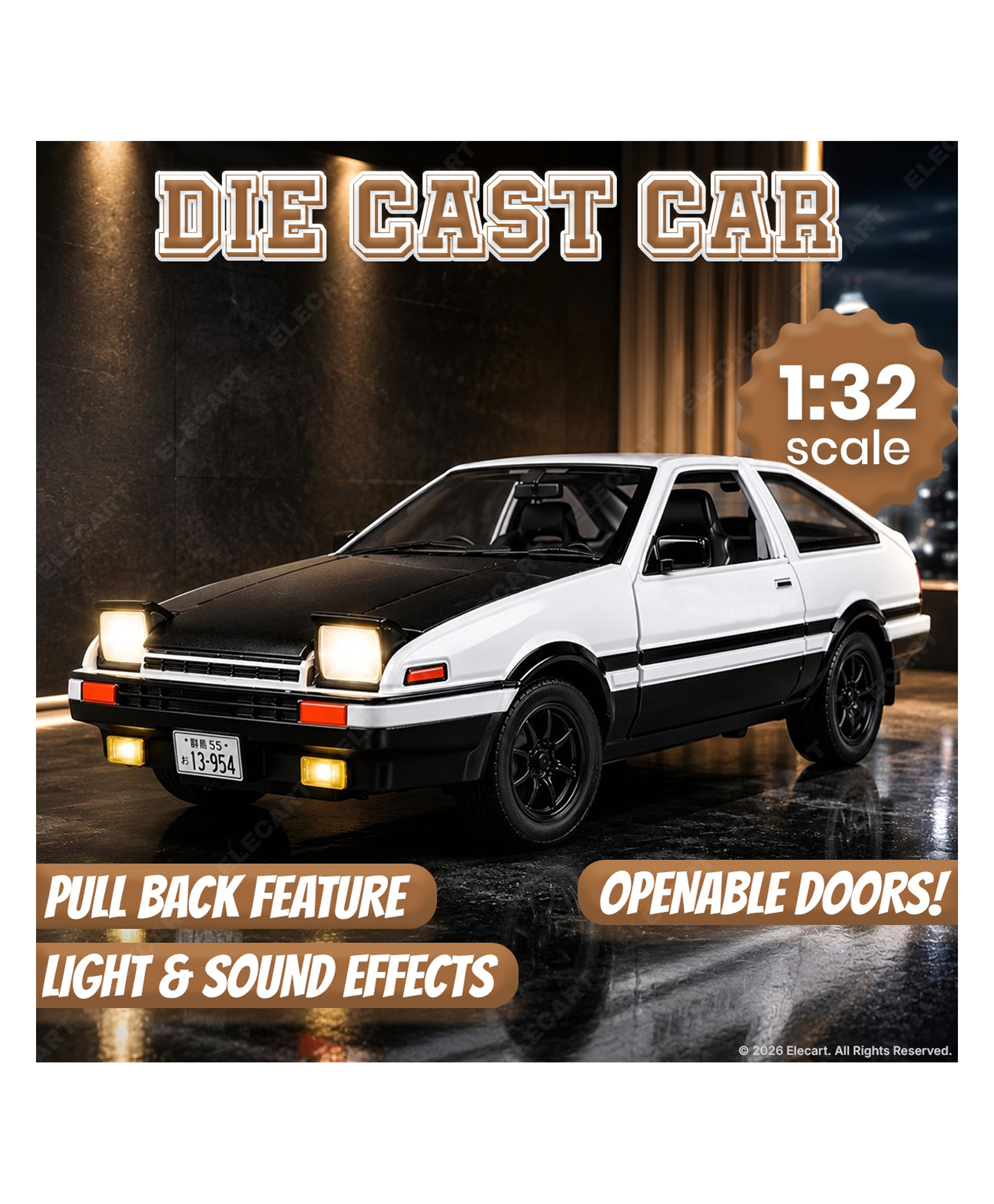 Elecart 1:32 AE86 Diecast Model Car Pull Back Metal Alloy Sports Car with Sound, LED Lights, Openable Doors & Detailed Interior, Collectible Toy Vehicle for Kids-image-26