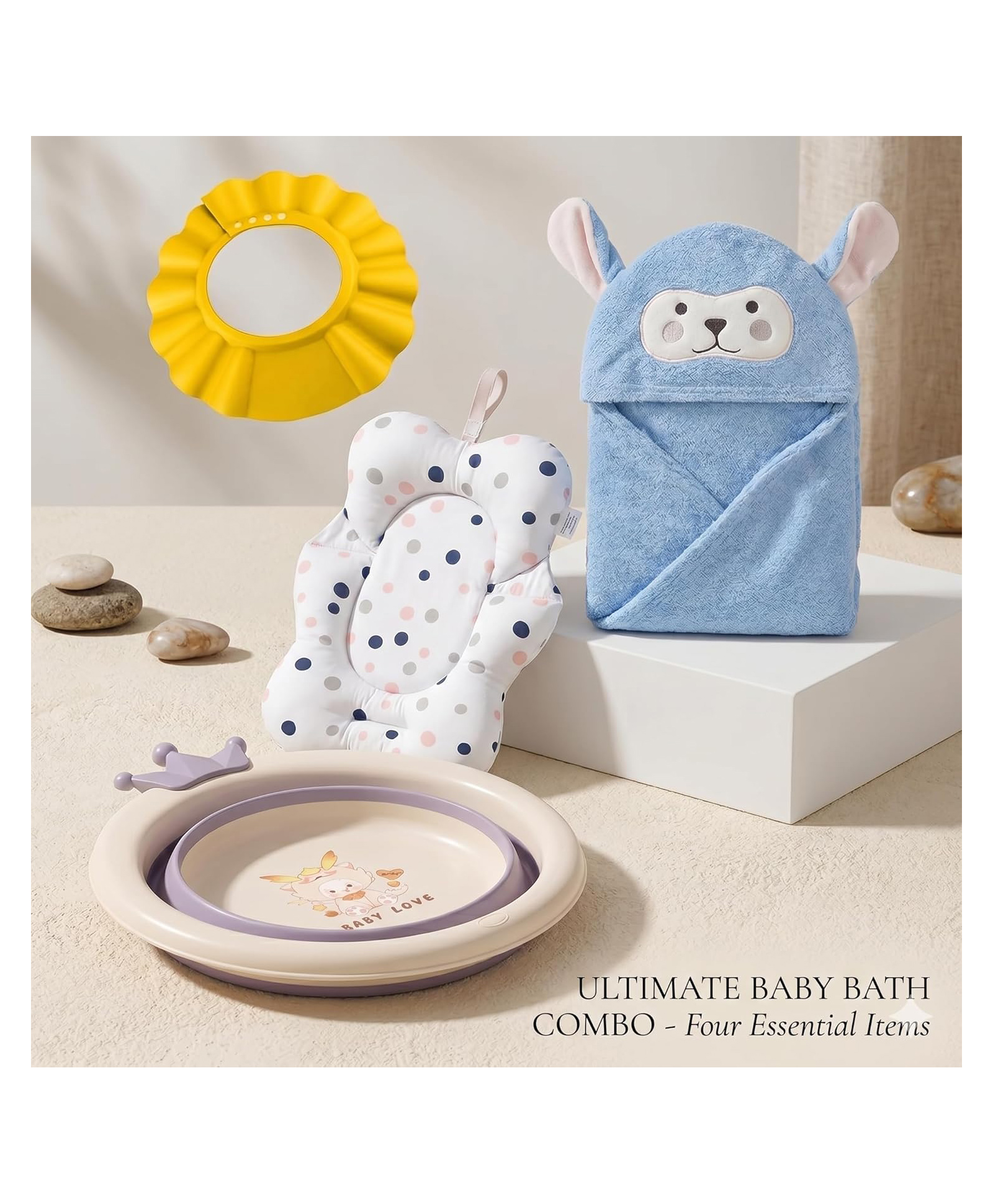 Safe-O-Kid Baby Bath Essentials Kit | 1 Baby Bath Cushion, 1 Hooded Bath Towel, 1 Adjustable Shampoo Shower Cap & Foldable Baby Wash Basin | Newborn & Infant Bath Care Combo - Assorted-image-18