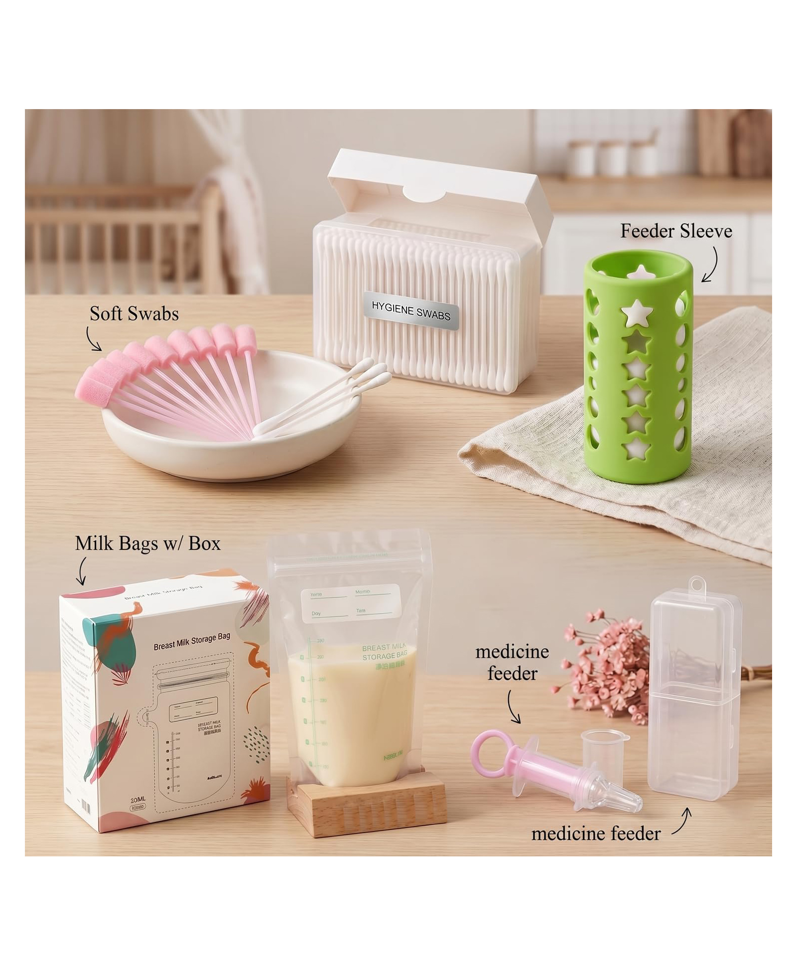 Safe-O-Kid Baby Newborn Feeding Kit | 1 Silicone Medicine Feeder, 1 Breast Milk Storage Bags, 1 Feeding Bottle Cover, 1 Sponge Swab & 1 Mouth Cleaning Buds | BPA-Free Baby Oral Care Set | Assorted-picture-28