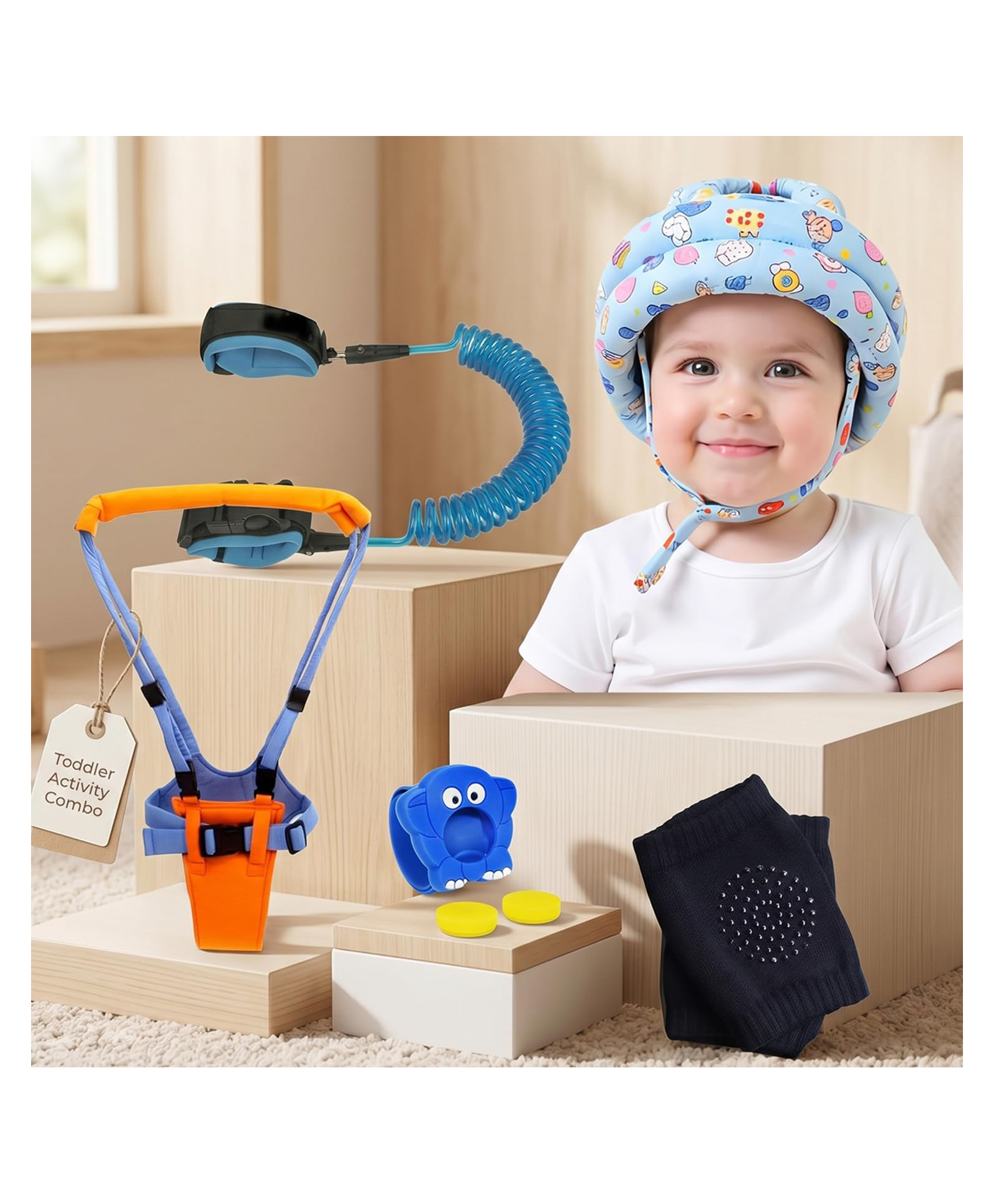 Safe-O-Kid Baby Outdoor Combo Kit with Anti Lost Wrist Link, Walking Harness, Knee Pads, Safety Helmet and Mosquito Repellent Wristband for Toddler Safety, Travel and Outdoor Use Assorted-picture-23