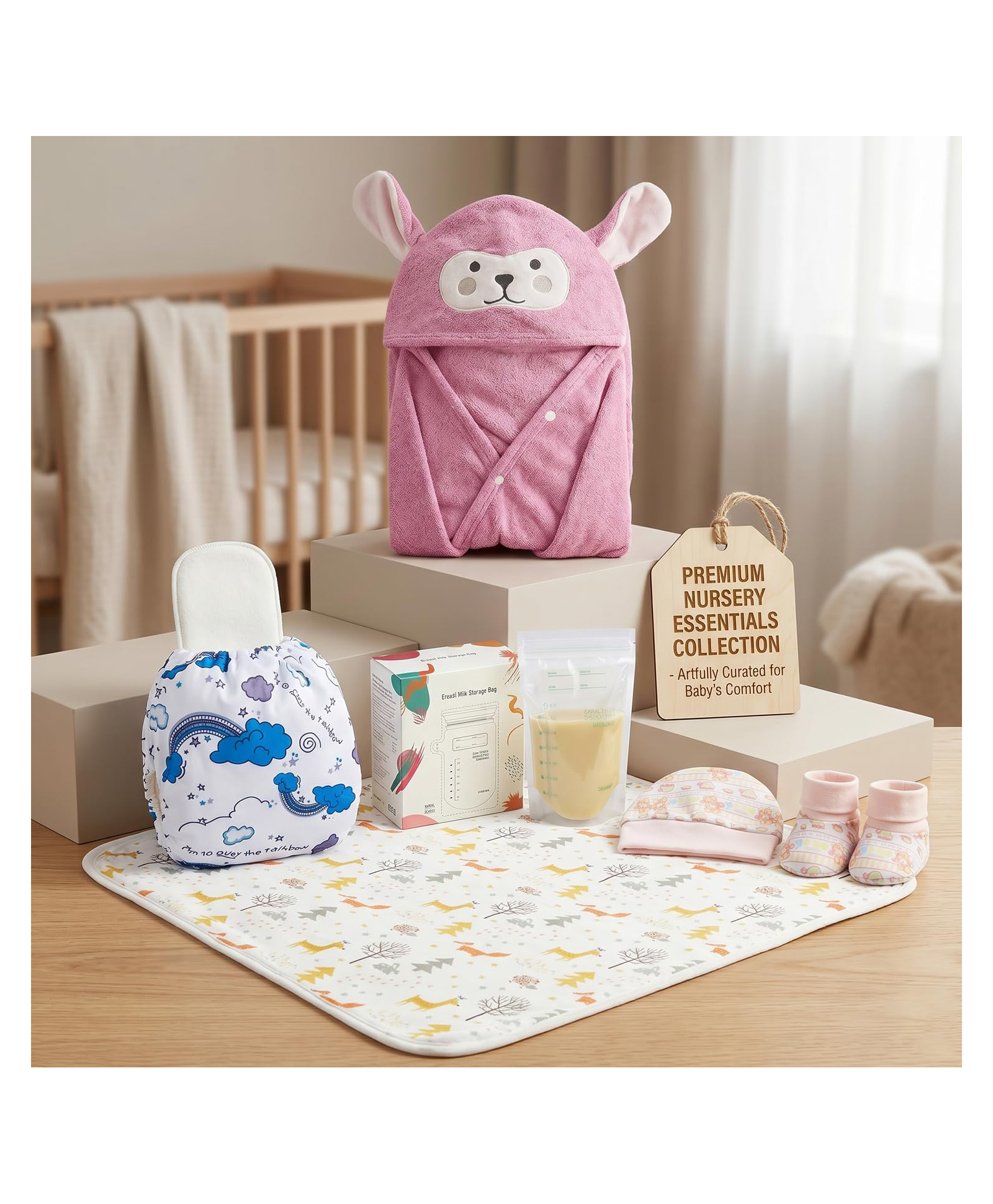 Safe-O-Kid Diaper Care Combo with Baby Changing Mat, Hooded Bath Towel, Breast Milk Storage Bag, Cap Mitten Bootie Set and Baby Cloth Diaper for Newborn Care Assorted-image-39