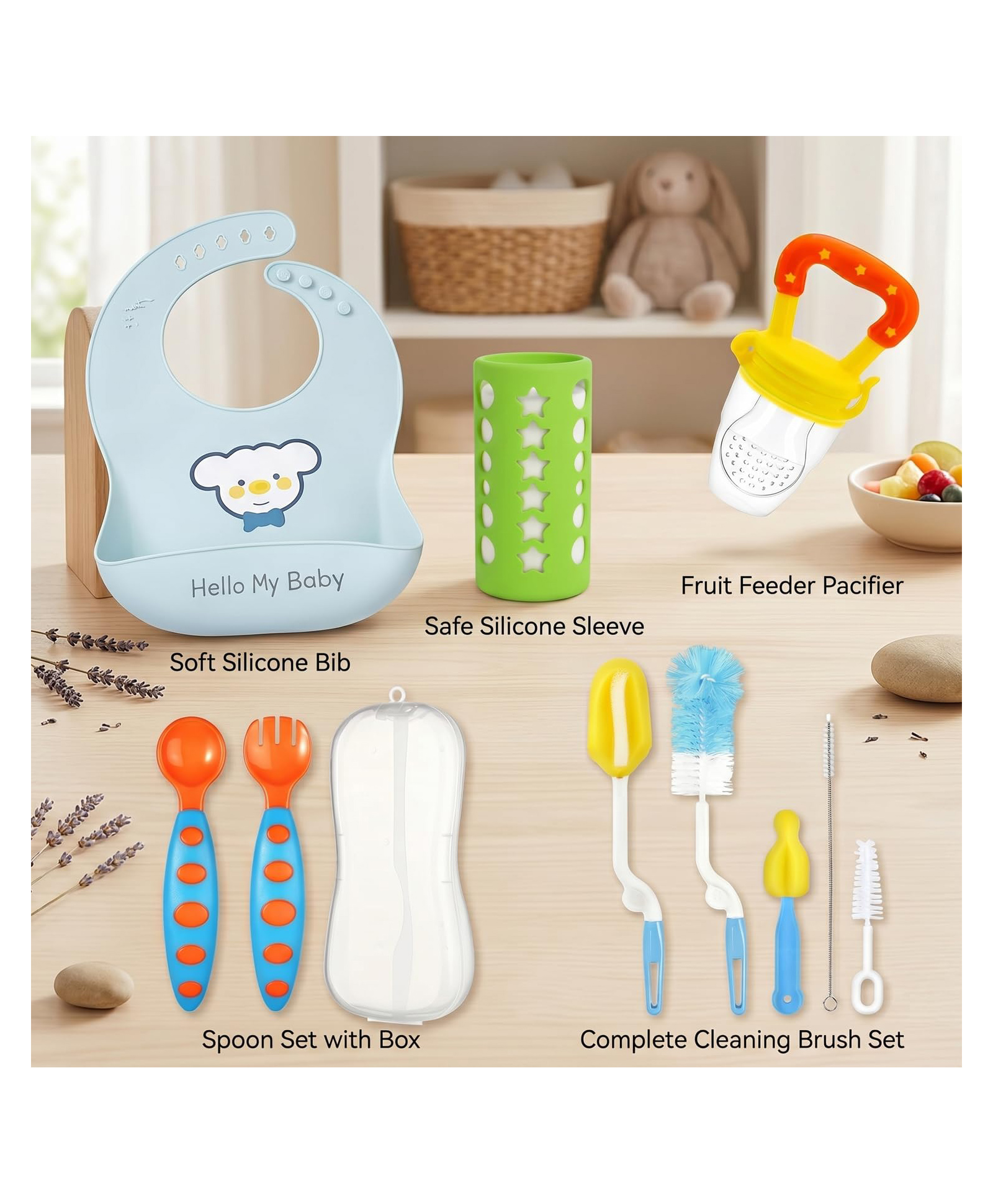 Safe-O-Kid Baby Feeding Essentials Kit | 1 Silicone Bib, 1 Fruit Feeder, 1 Spoon & Fork Set with Storage Case, 1 Bottle Cleaning Brush Set & 1 Silicone Bottle Cover | BPA-Free Feeding | Assorted-image-16