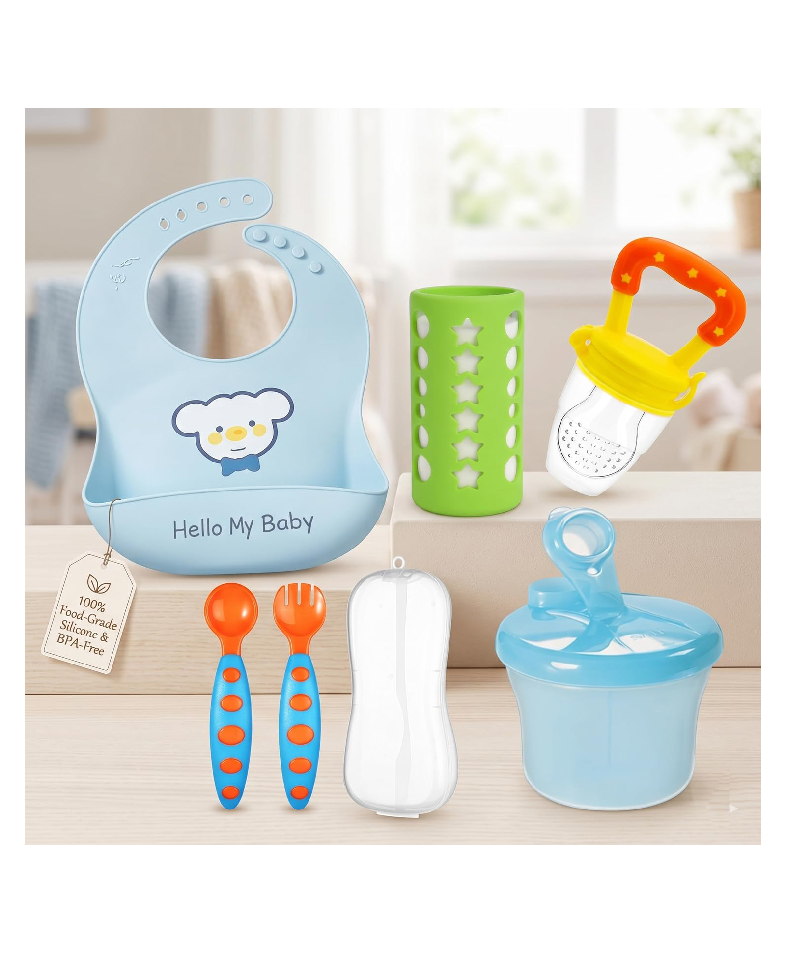 Safe-O-Kid Baby Travel Feeding Combo | 1 Silicone Bib, 1 Fruit Feeder, 1 Spoon & Fork Set with 1 Food Storage Case & 1 Baby Feeding Bottle Cover | BPA-Free Feeding Essentials for Babies Assorted-image-29